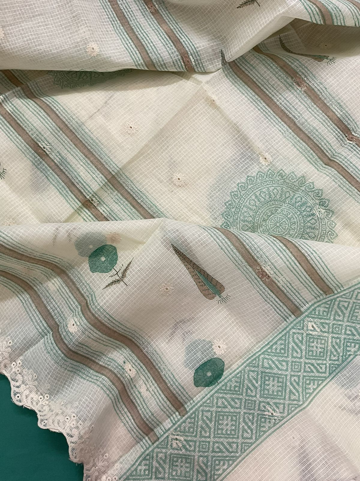 Pure Kota Cotton Printed Embroidered Suit - Cream