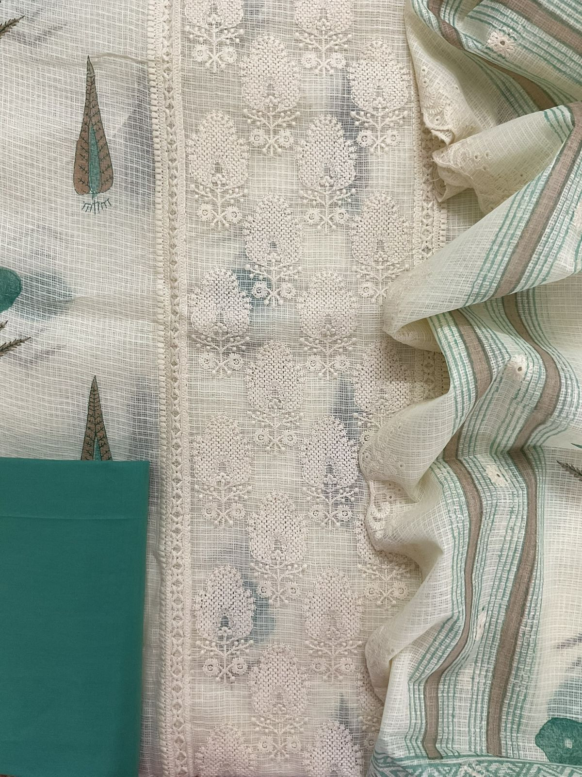 Pure Kota Cotton Printed Embroidered Suit - Cream