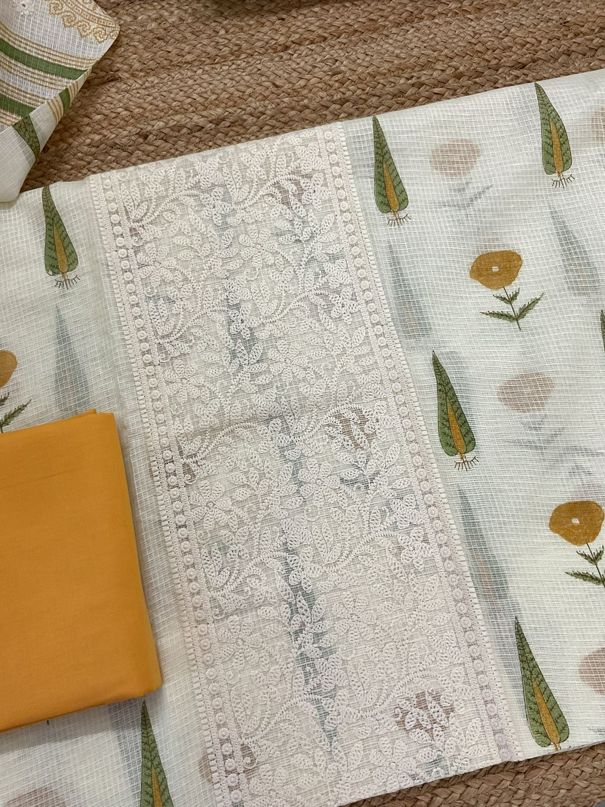 Pure Kota Cotton Printed Embroidered Suit - Cream