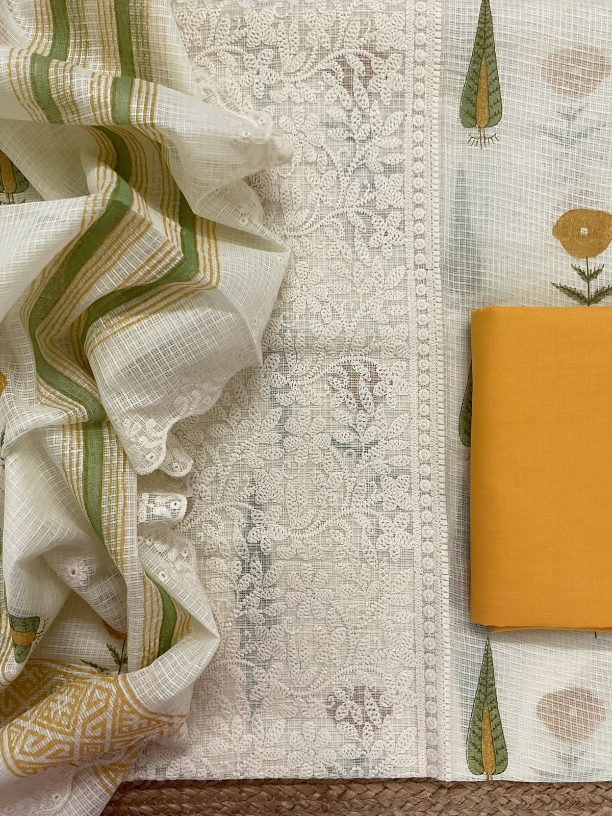 Pure Kota Cotton Printed Embroidered Suit - Cream