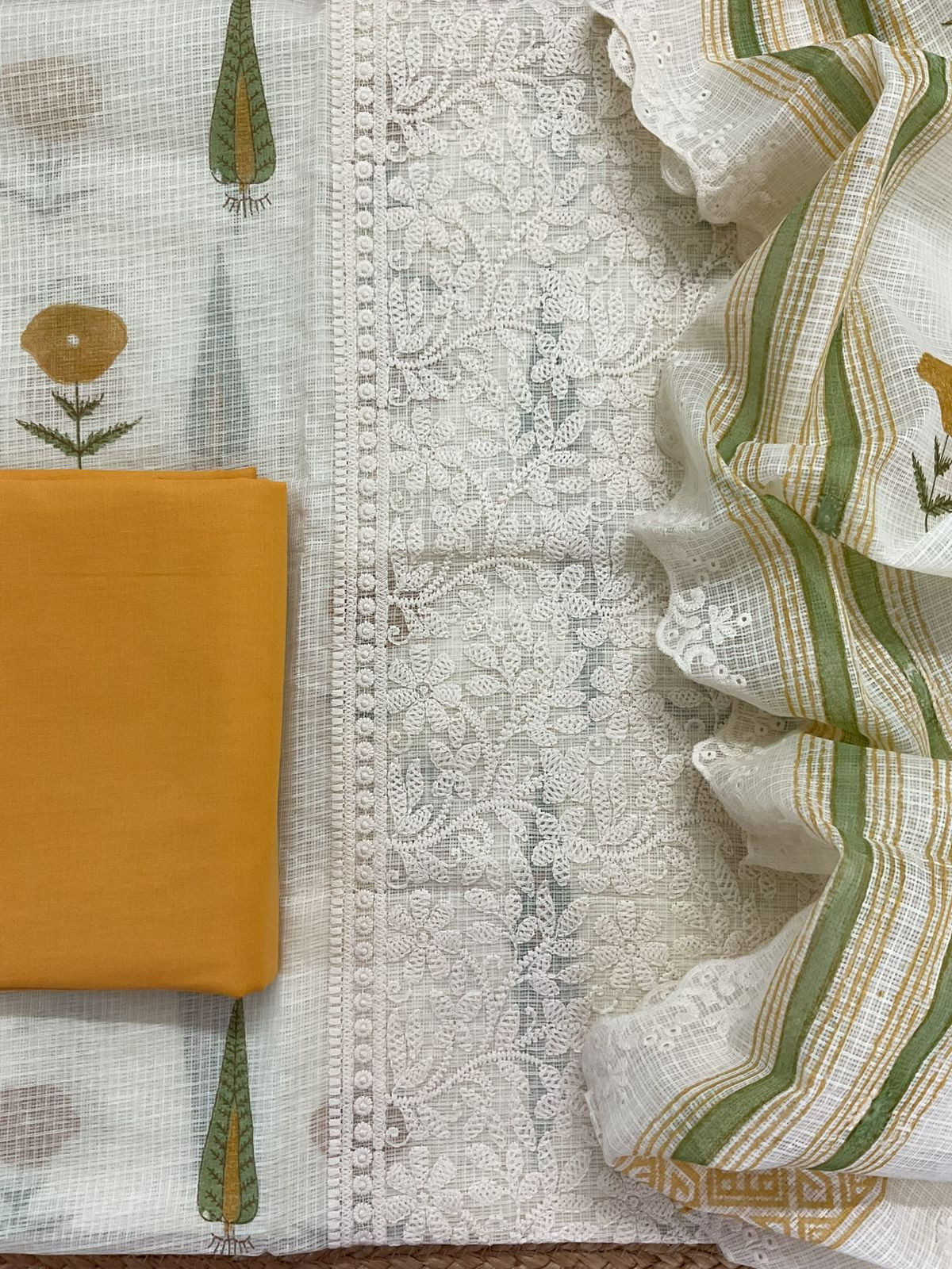 Pure Kota Cotton Printed Embroidered Suit - Cream