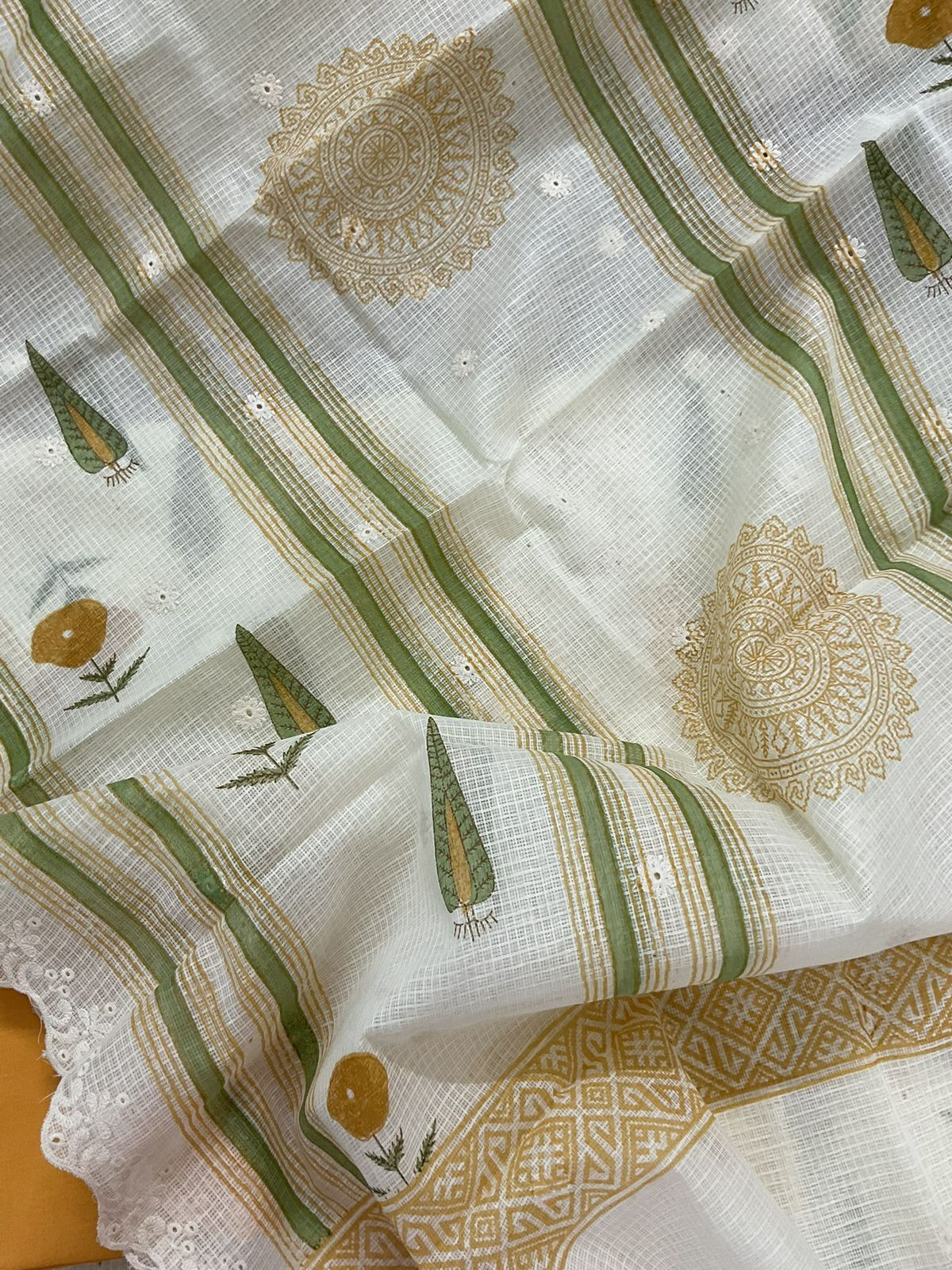 Pure Kota Cotton Printed Embroidered Suit - Cream