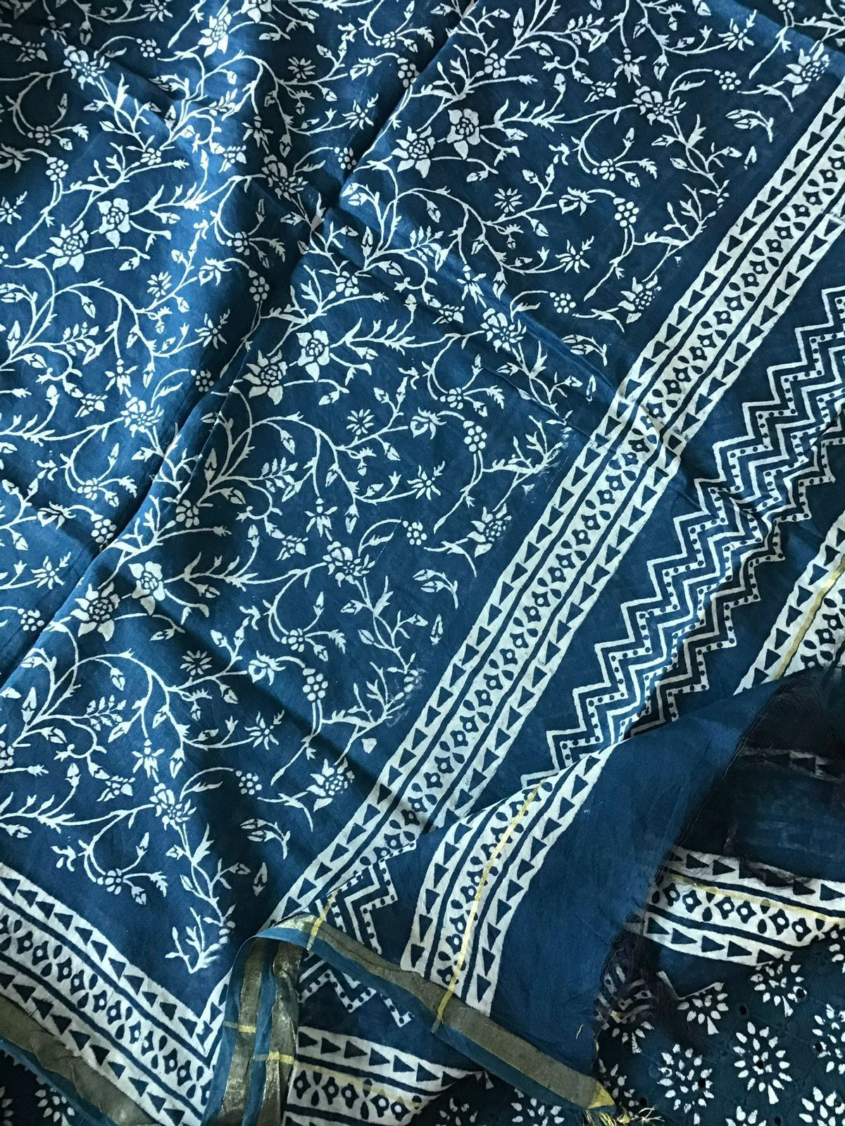 Pure Hakoba Cotton Printed Embroidered Suit - Blue