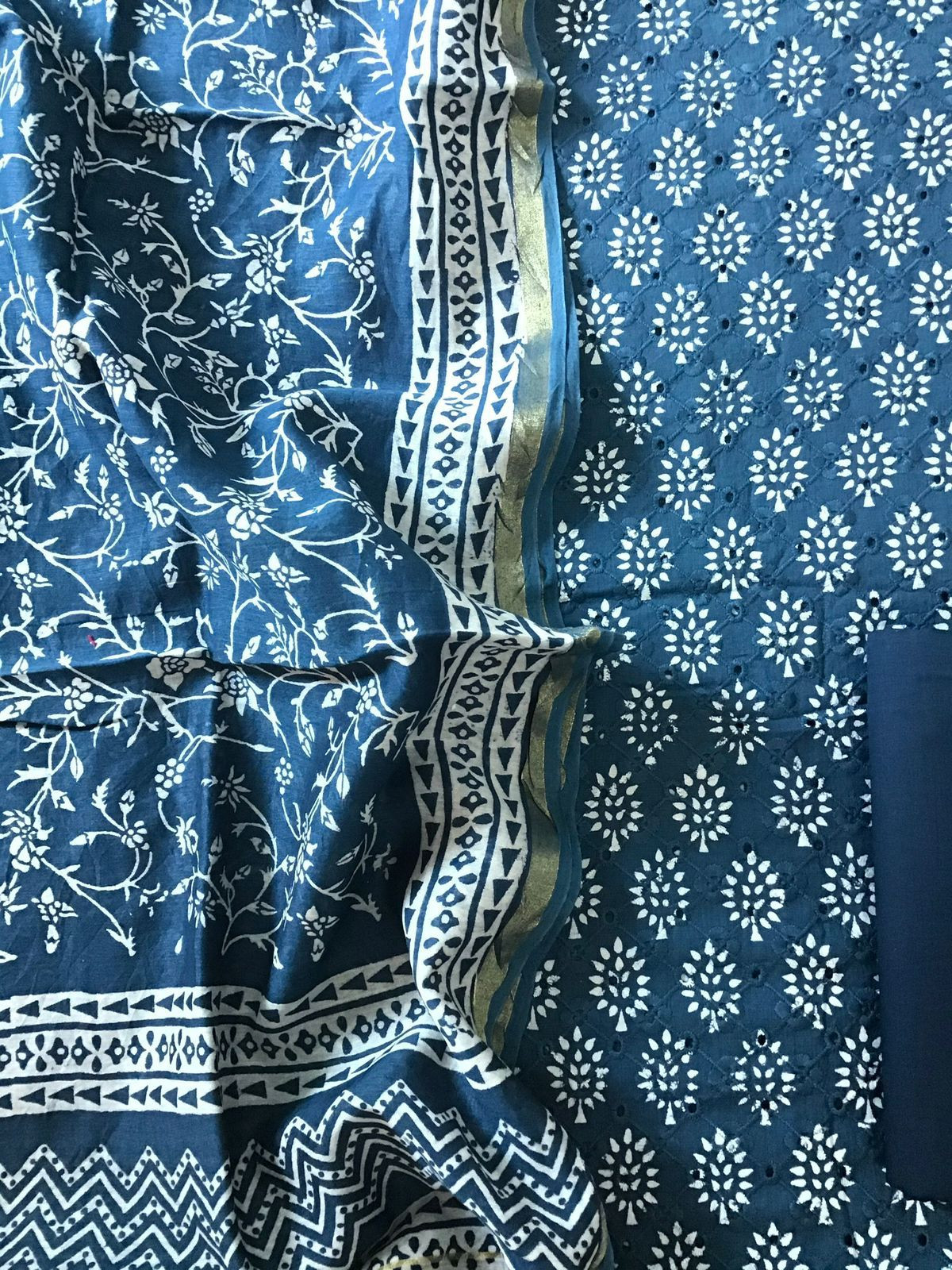Pure Hakoba Cotton Printed Embroidered Suit - Blue