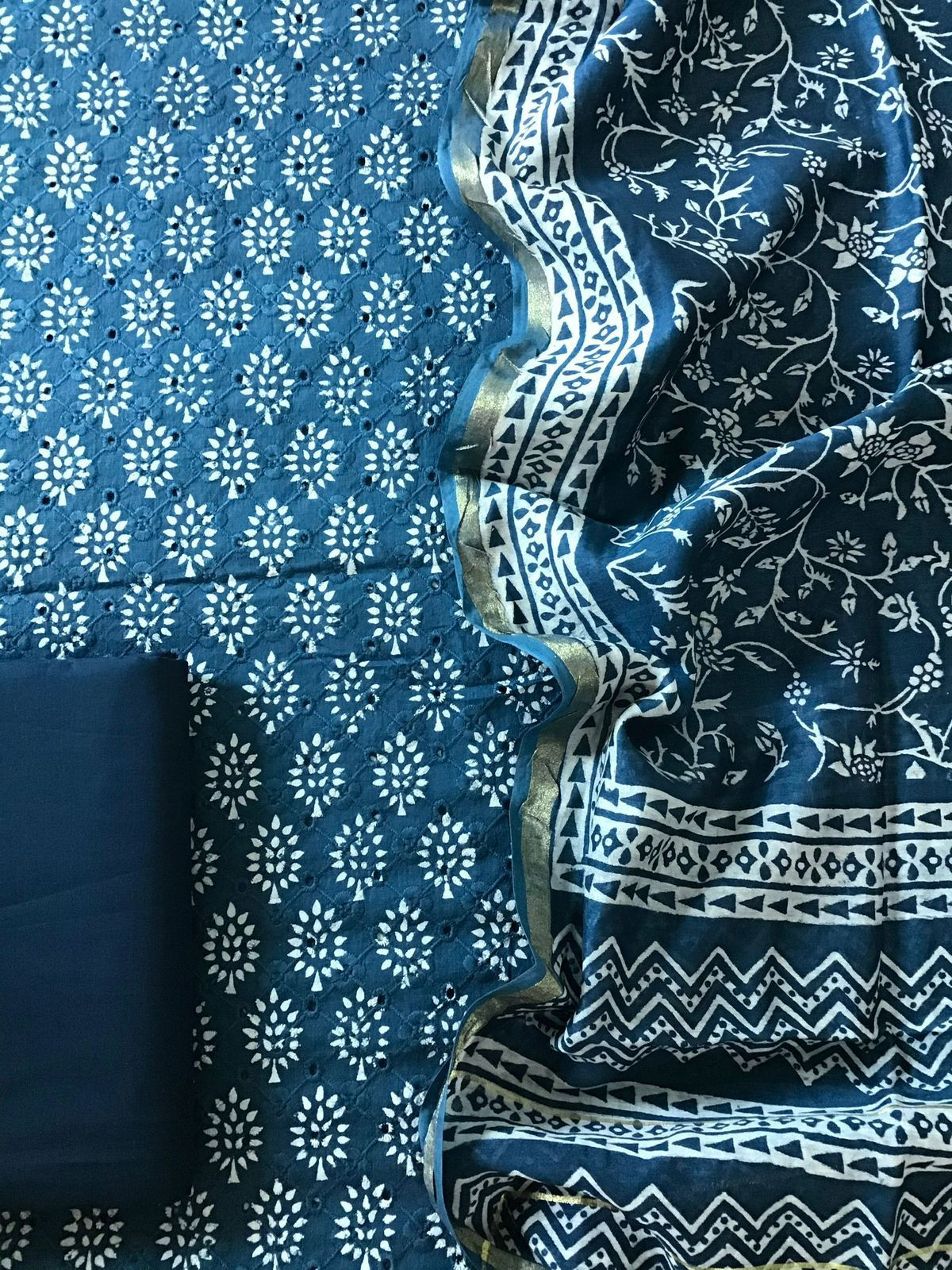 Pure Hakoba Cotton Printed Embroidered Suit - Blue