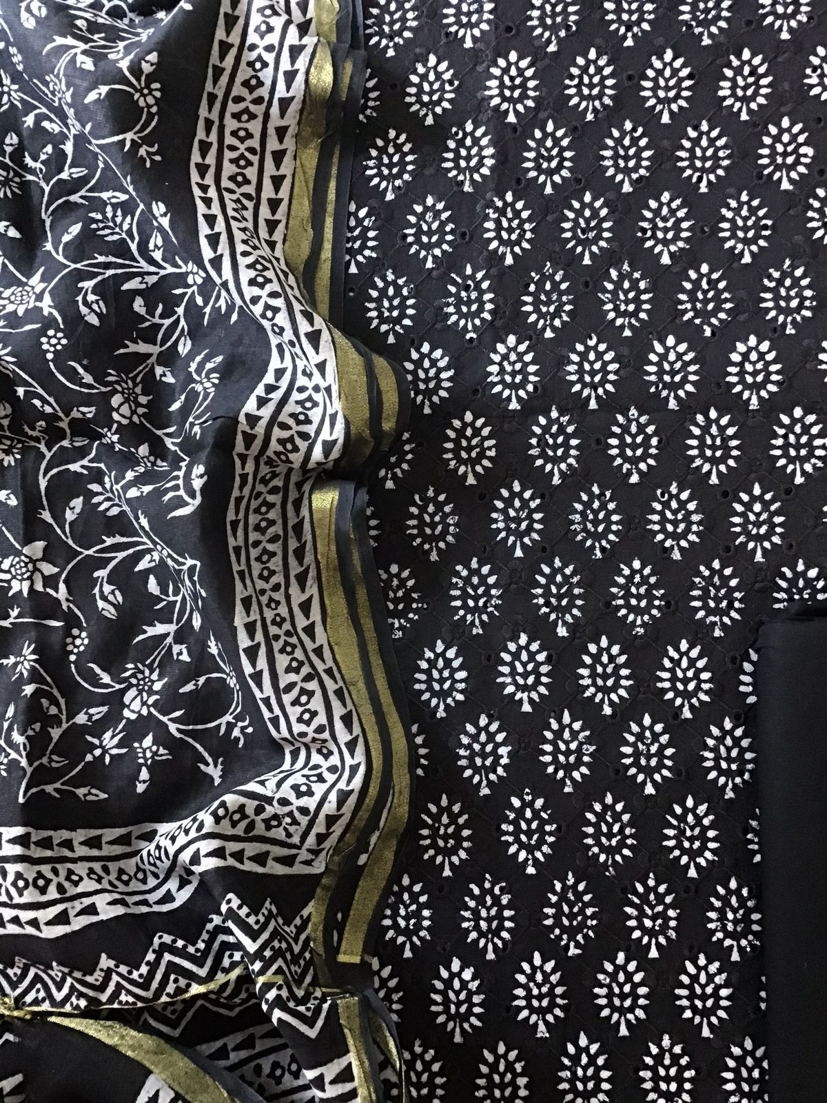 Pure Hakoba Cotton Printed Embroidered Suit - Black