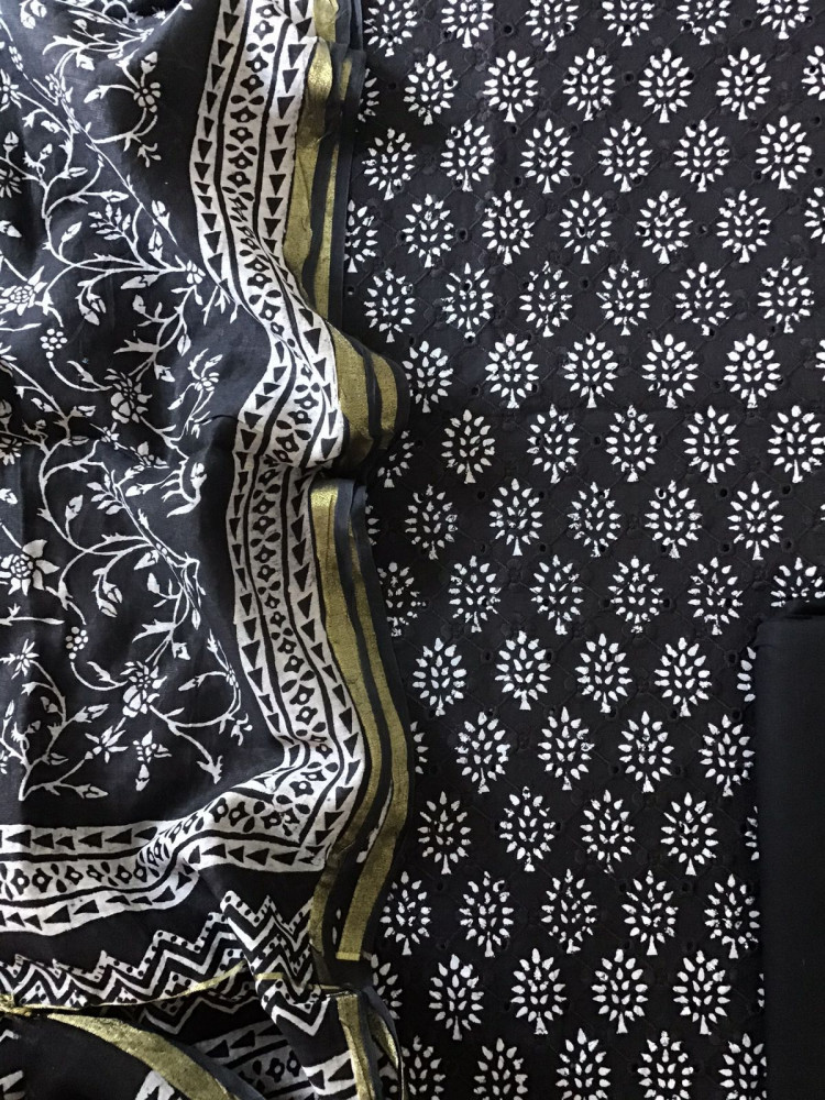 Image of Pure Hakoba Cotton Printed Embroidered Suit - Black