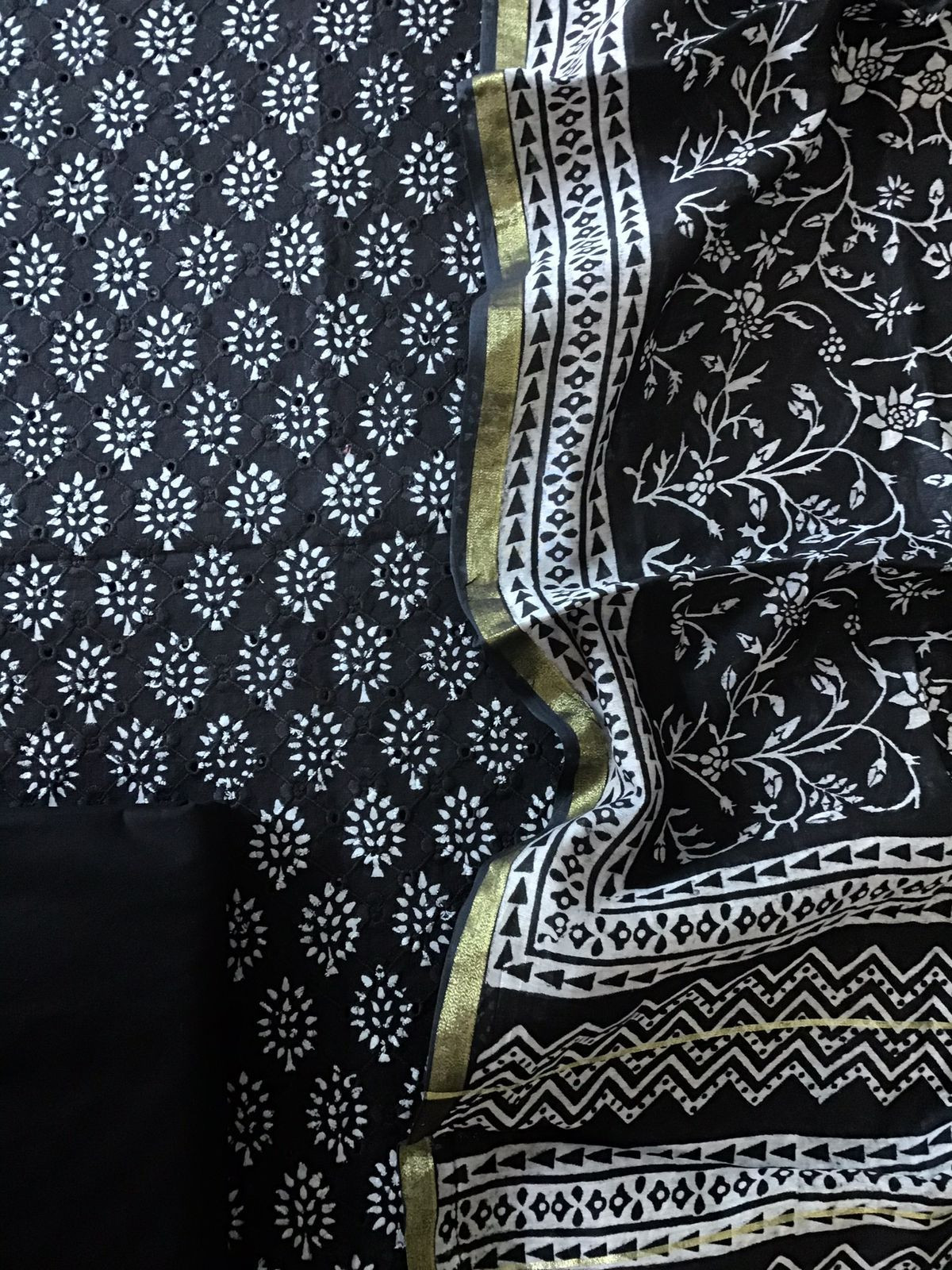 Pure Hakoba Cotton Printed Embroidered Suit - Black