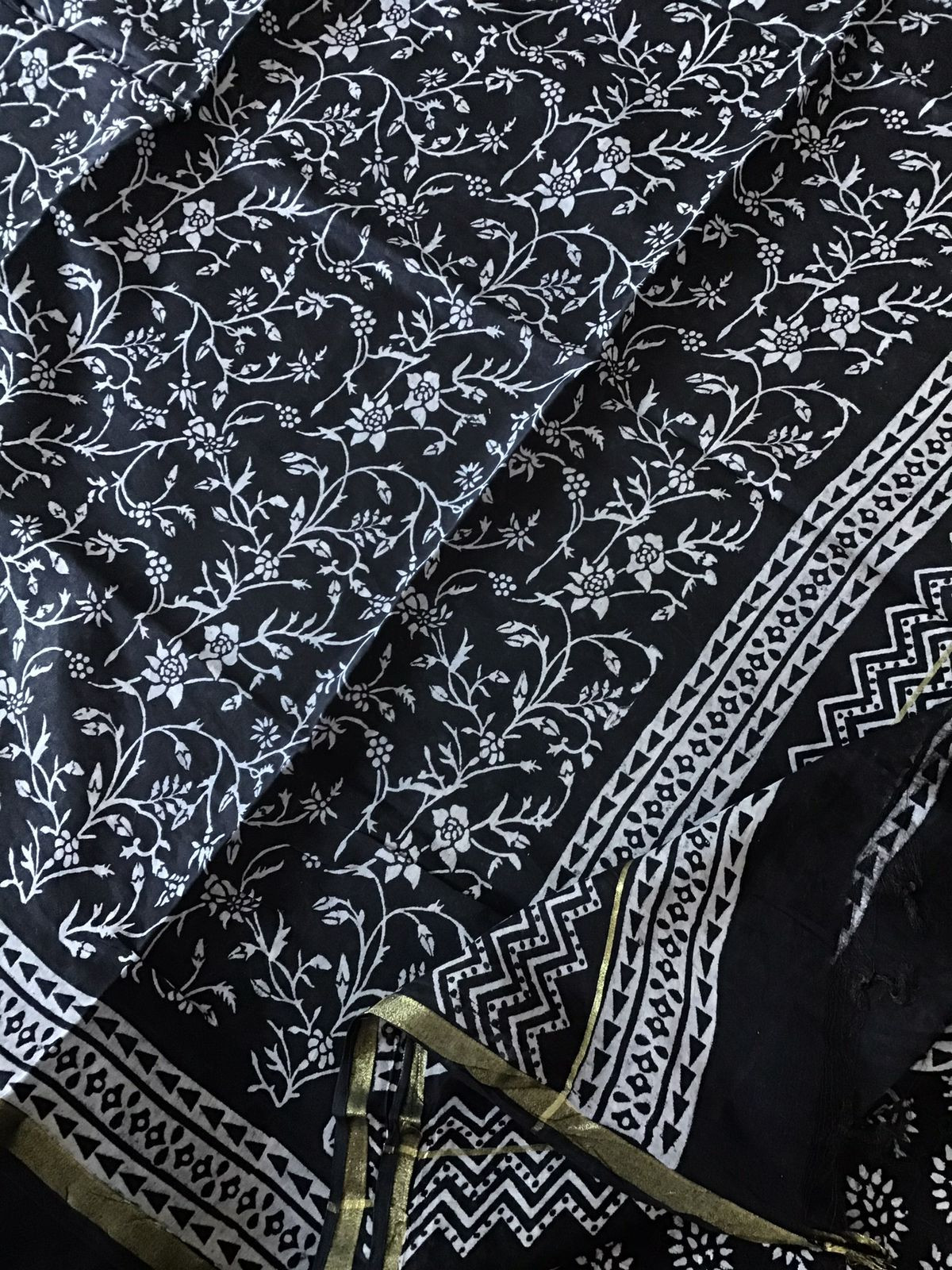 Pure Hakoba Cotton Printed Embroidered Suit - Black