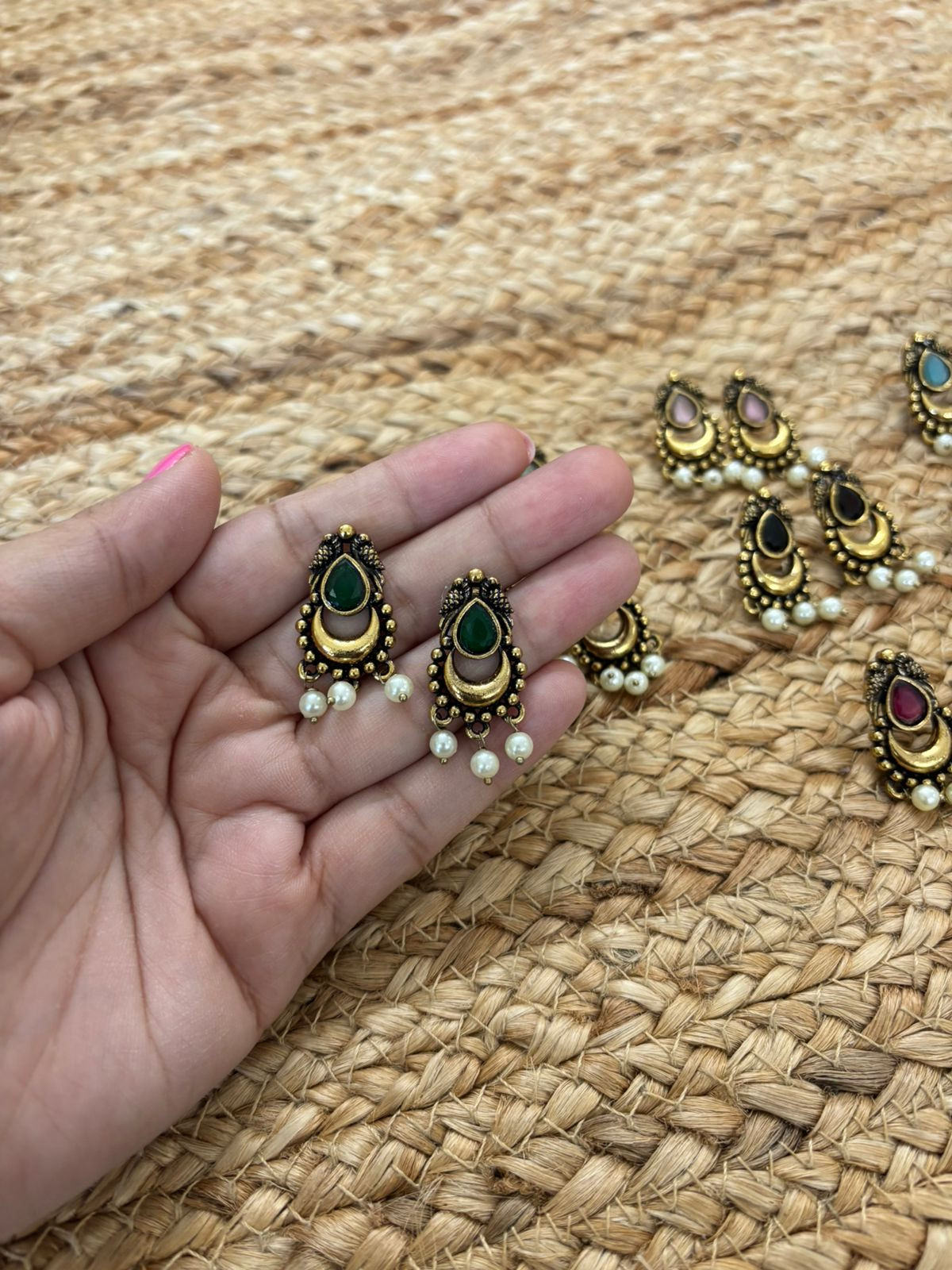 Metallic Oxidised Gold Earrings - Green