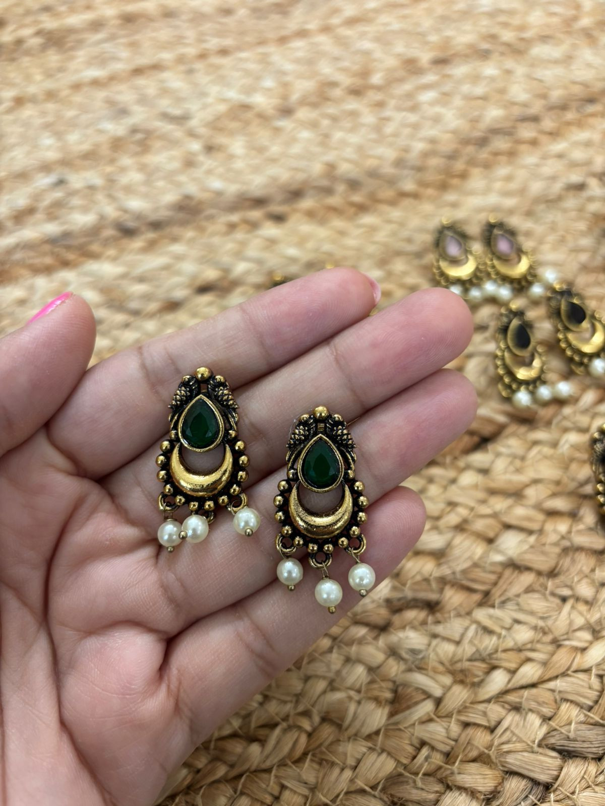 Metallic Oxidised Gold Earrings - Green