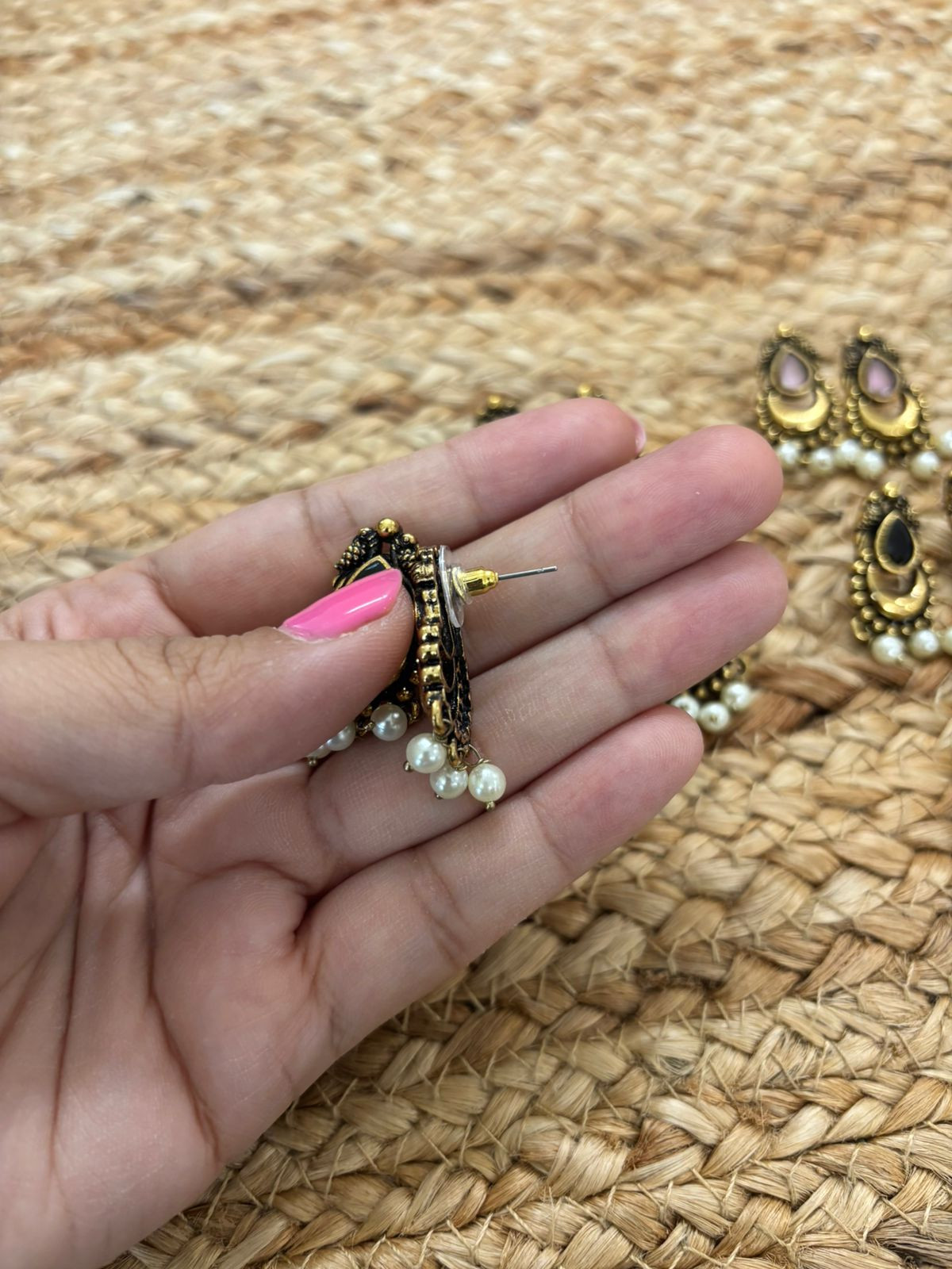 Metallic Oxidised Gold Earrings - Green