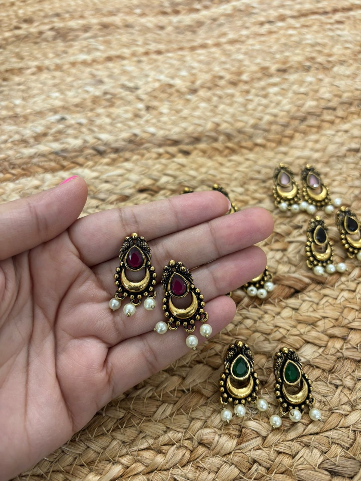 Metallic Oxidised Gold Earrings - Wine