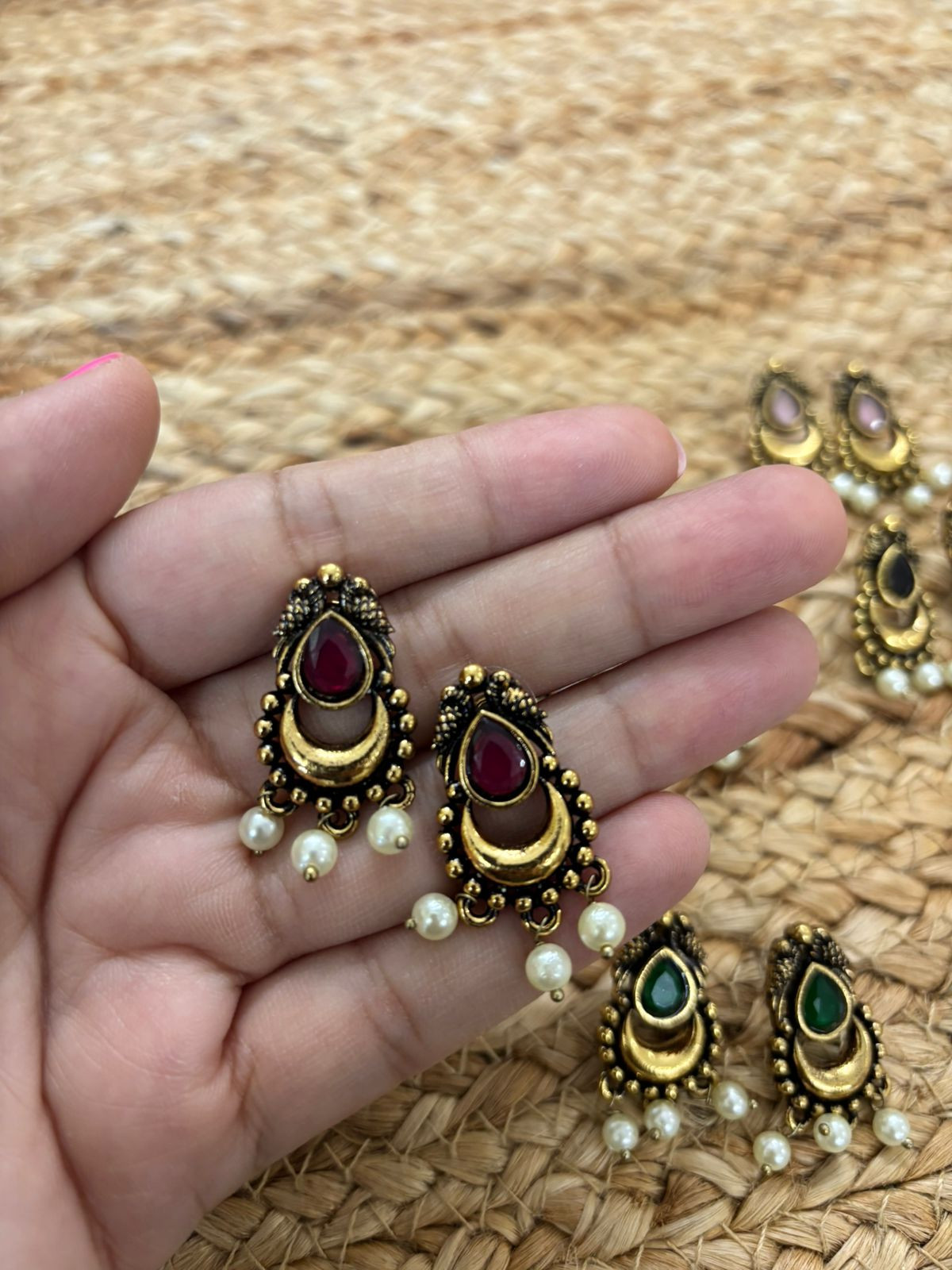 Metallic Oxidised Gold Earrings - Wine