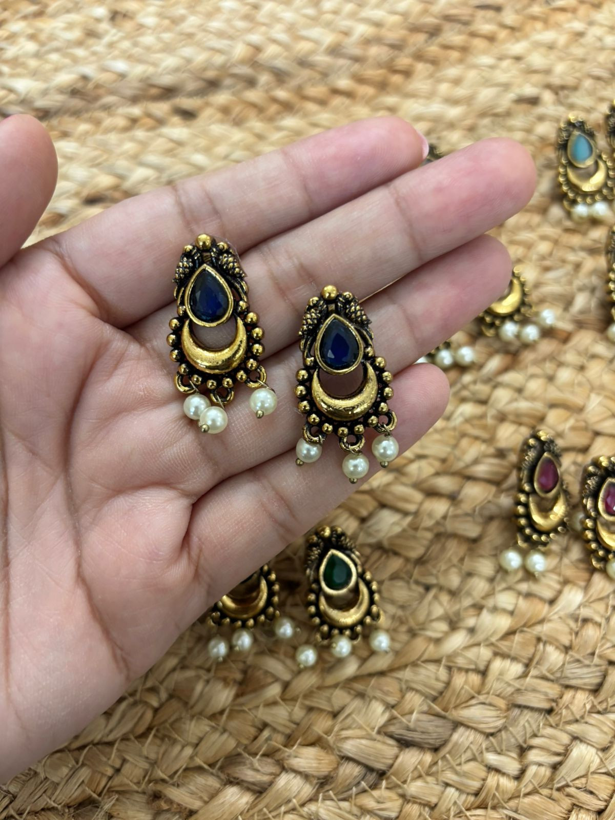 Metallic Oxidised Gold Earrings - Blue