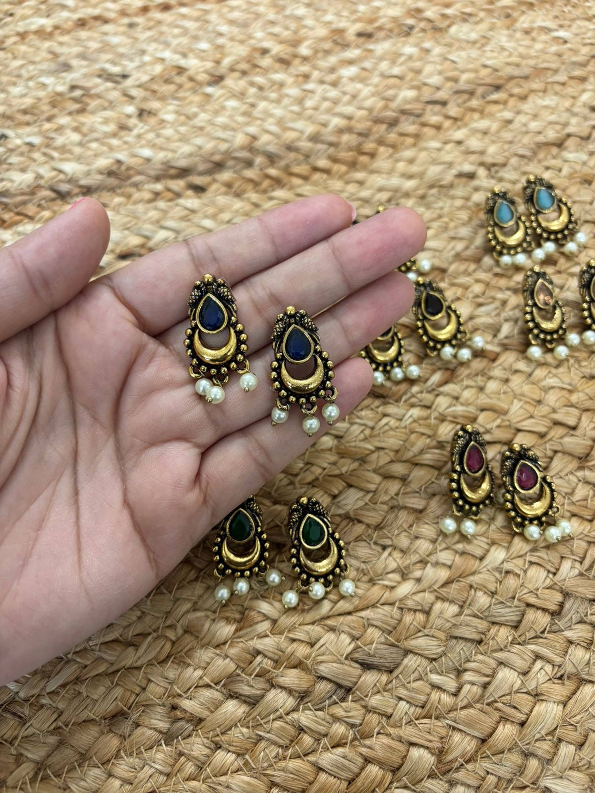 Metallic Oxidised Gold Earrings - Blue