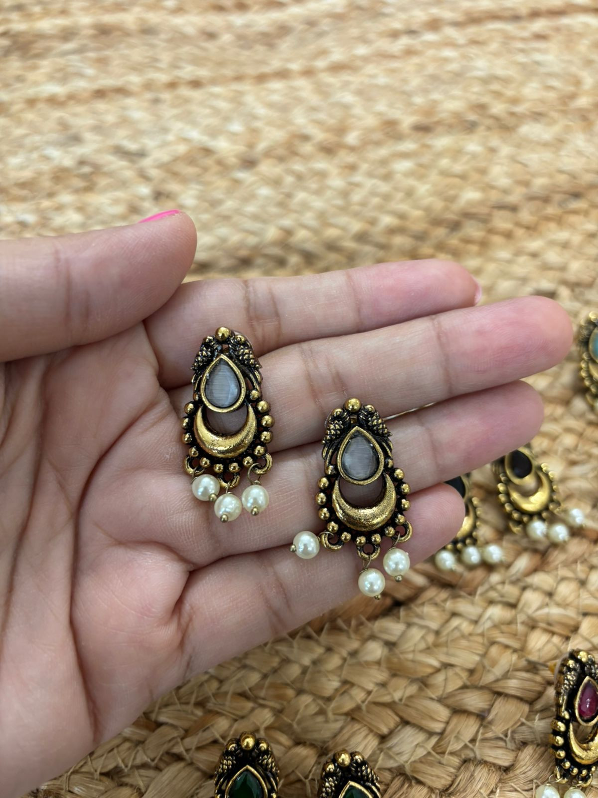 Metallic Oxidised Gold Earrings - White