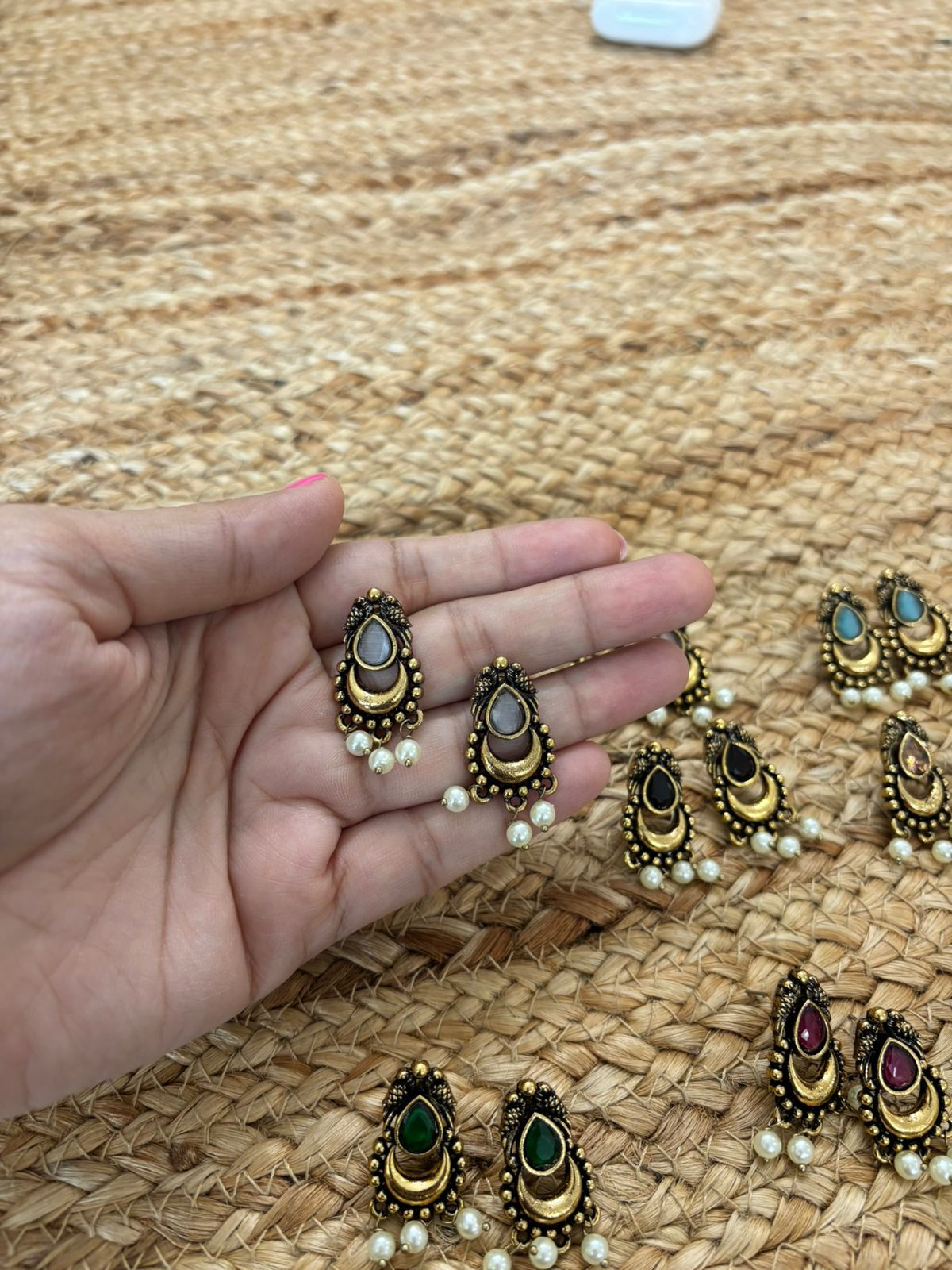 Metallic Oxidised Gold Earrings - White