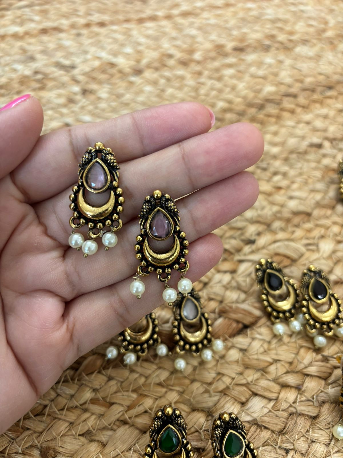 Metallic Oxidised Gold Earrings - Pink