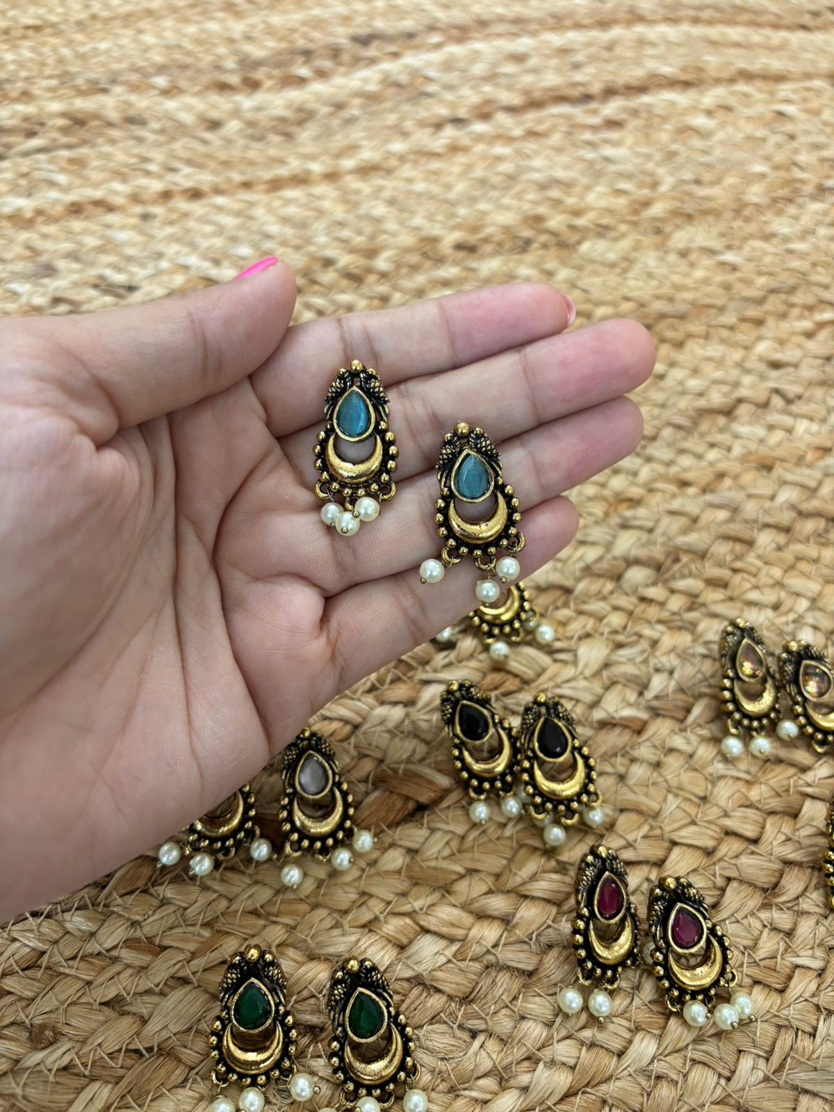 Metallic Oxidised Gold Earrings - Sea Blue