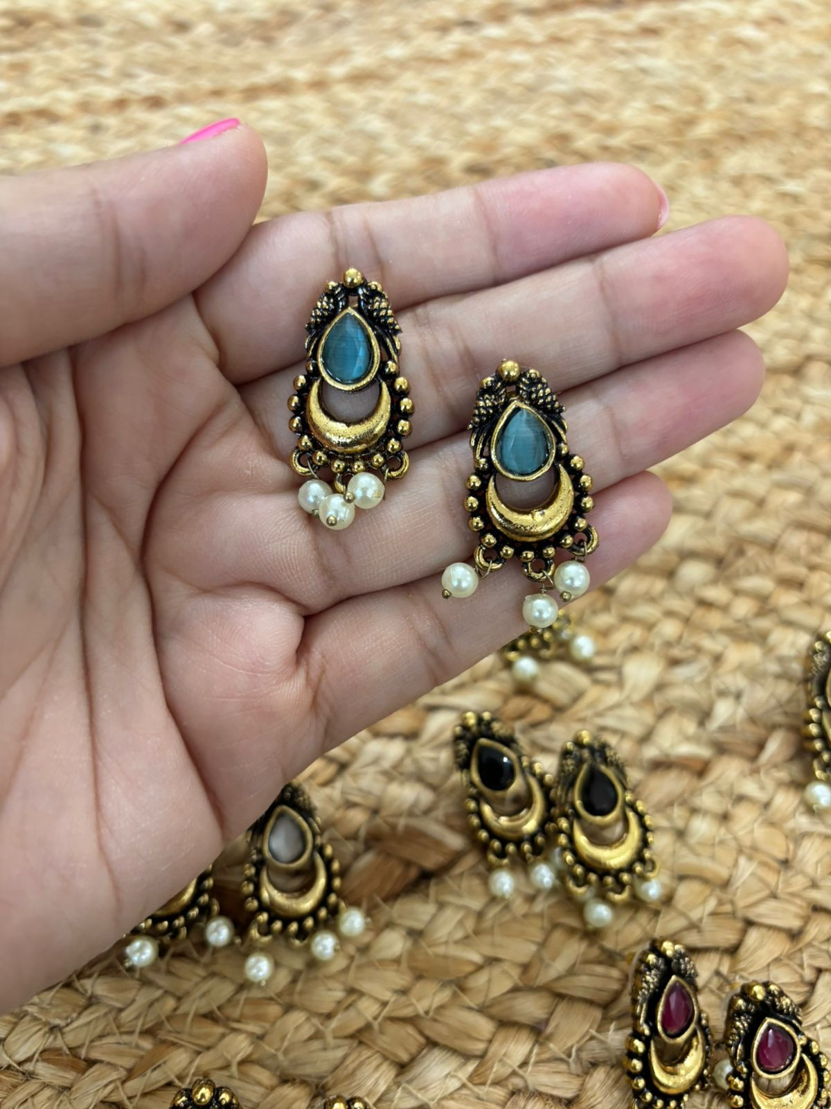 Metallic Oxidised Gold Earrings - Sea Blue