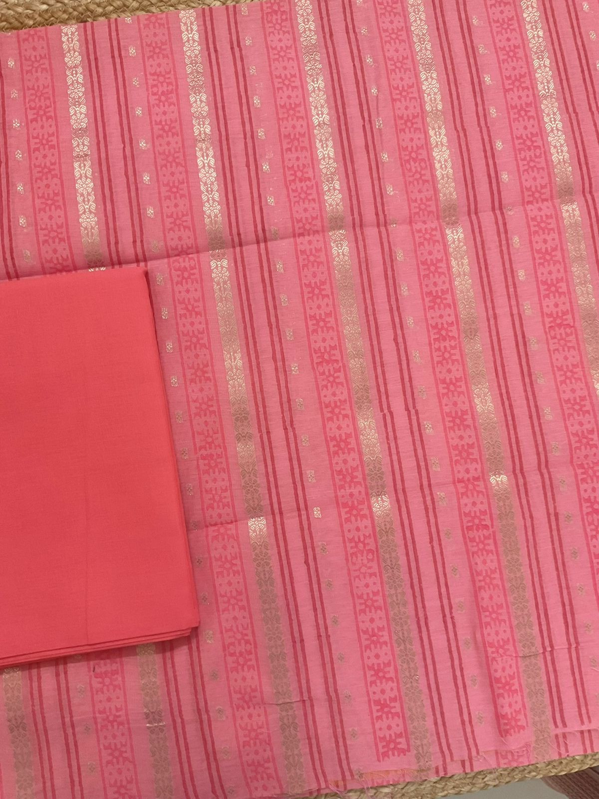 Pure Fine Banarasi Cotton Block Printed Banarasi Weaved Suit - Peach