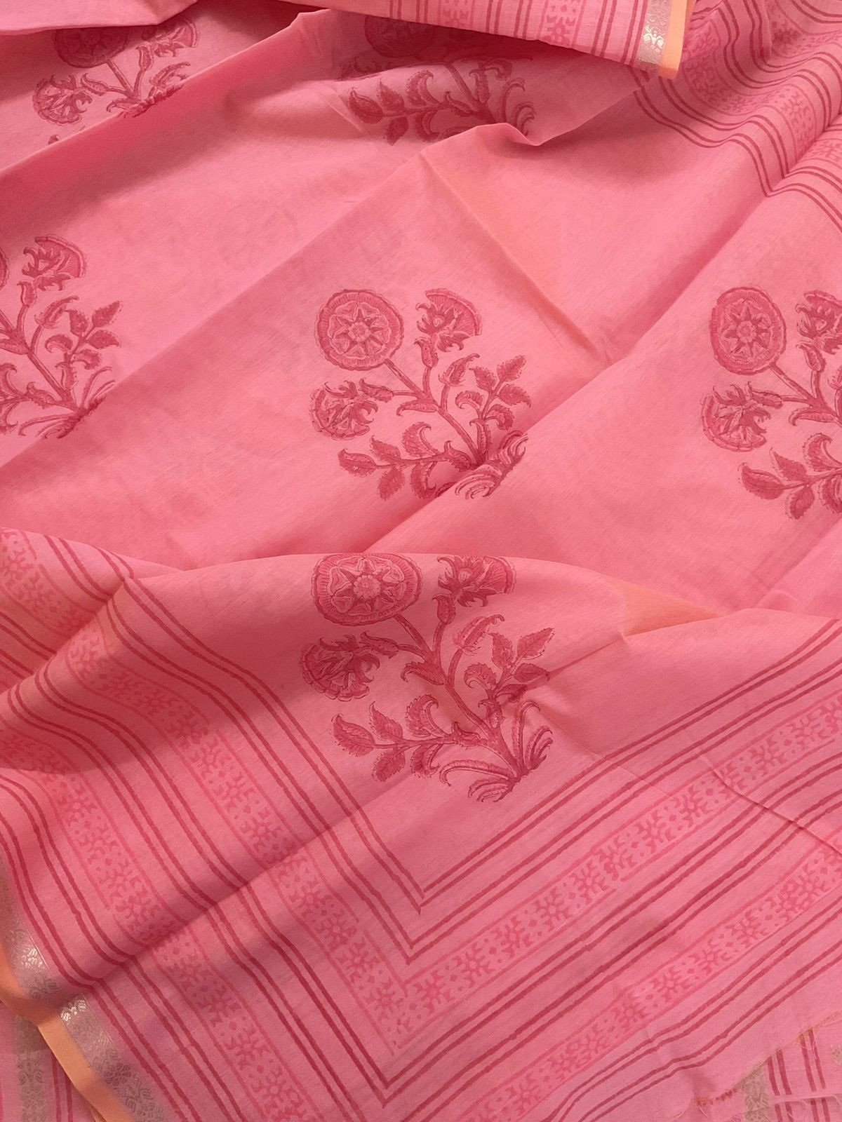 Pure Fine Banarasi Cotton Block Printed Banarasi Weaved Suit - Peach