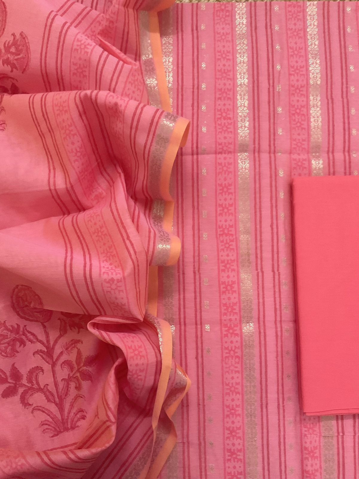 Pure Fine Banarasi Cotton Block Printed Banarasi Weaved Suit - Peach