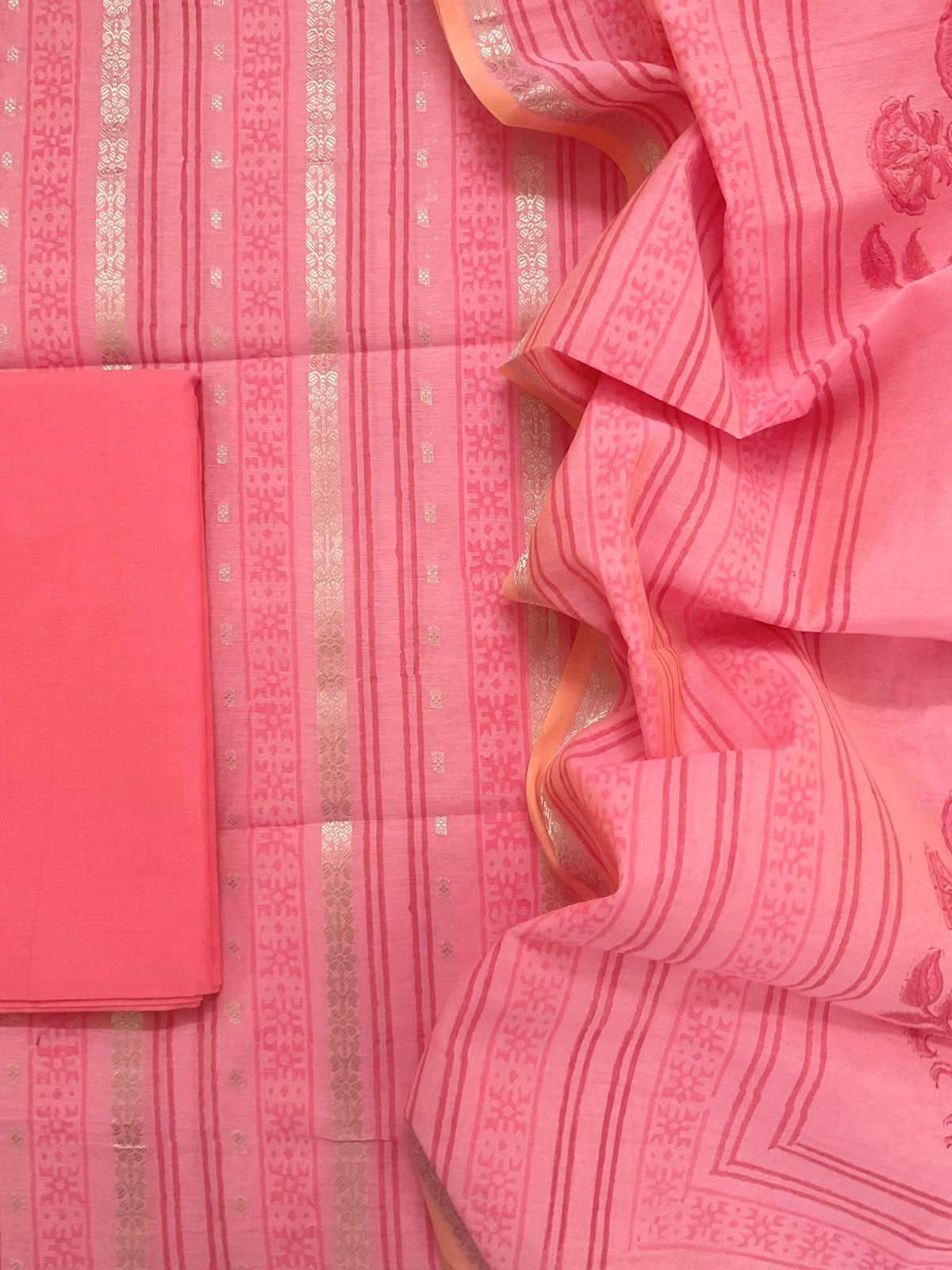 Pure Fine Banarasi Cotton Block Printed Banarasi Weaved Suit - Peach