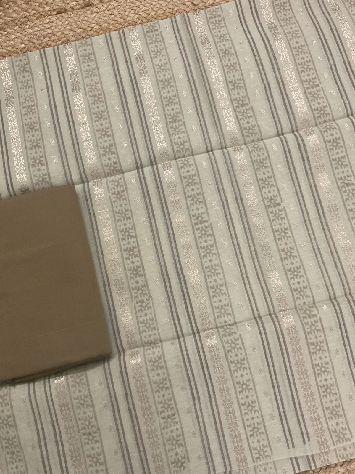 Pure Fine Banarasi Cotton Block Printed Banarasi Weaved Suit - Beige