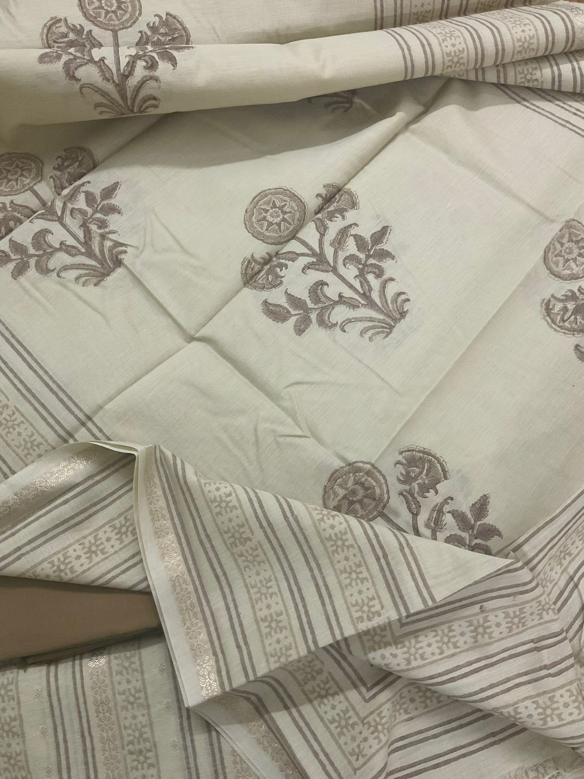 Pure Fine Banarasi Cotton Block Printed Banarasi Weaved Suit - Beige