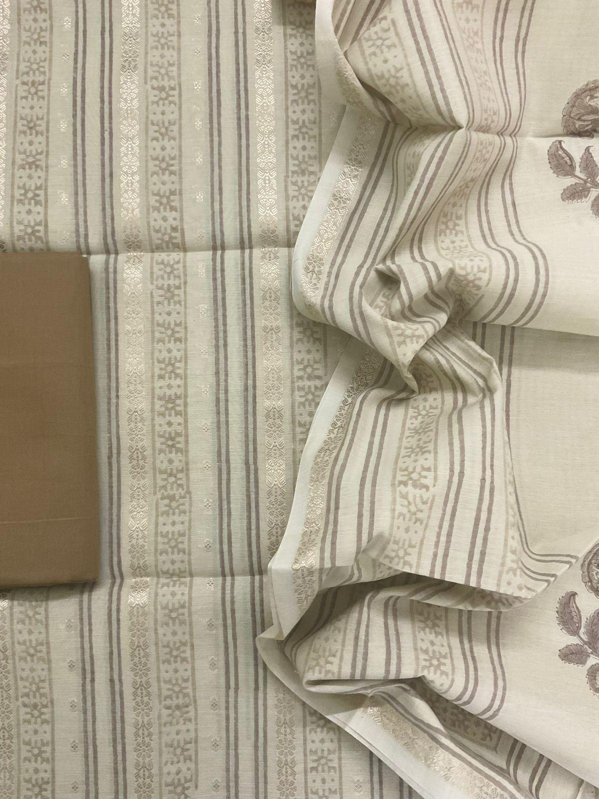 Pure Fine Banarasi Cotton Block Printed Banarasi Weaved Suit - Beige