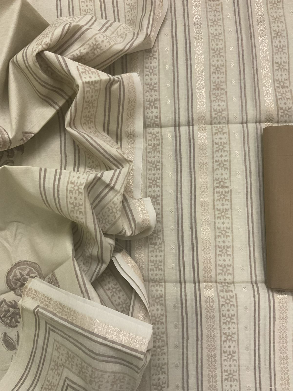 Pure Fine Banarasi Cotton Block Printed Banarasi Weaved Suit - Beige
