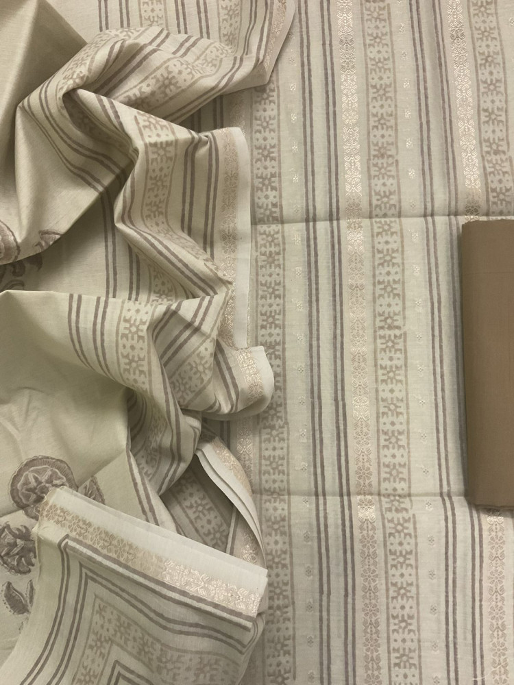 Image of Pure Fine Banarasi Cotton Block Printed Banarasi Weaved Suit - Beige
