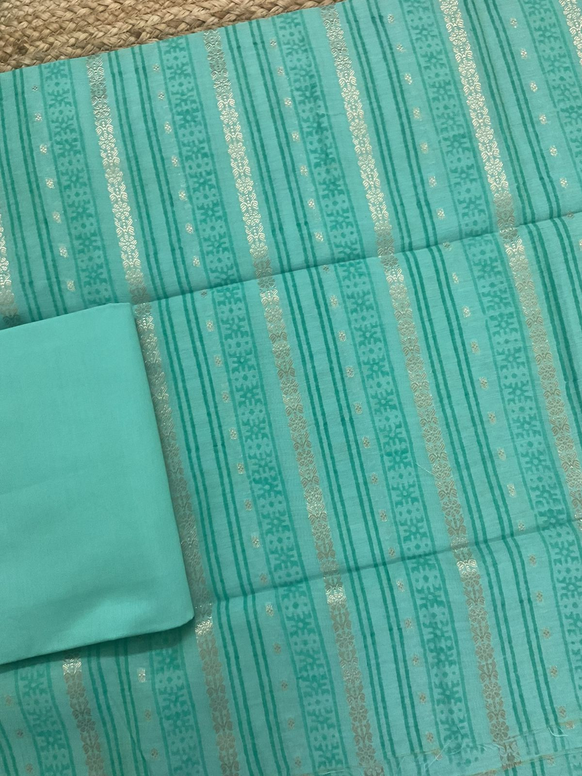 Pure Fine Banarasi Cotton Block Printed Banarasi Weaved Suit - Sea Green