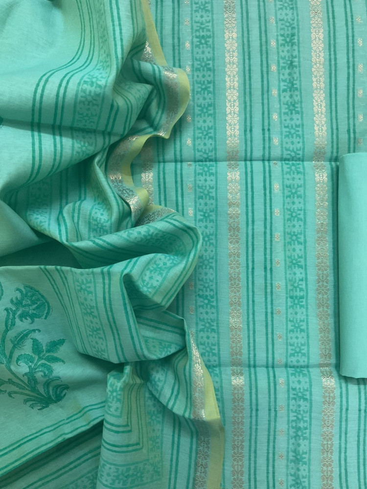 Image of Pure Fine Banarasi Cotton Block Printed Banarasi Weaved Suit - Sea Green