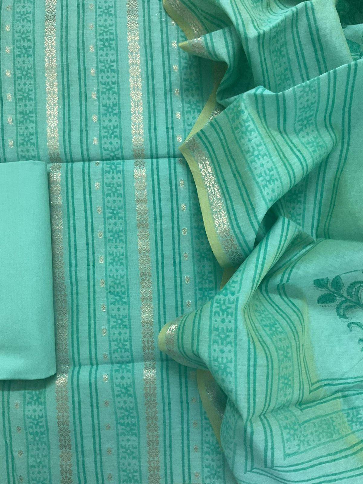 Pure Fine Banarasi Cotton Block Printed Banarasi Weaved Suit - Sea Green