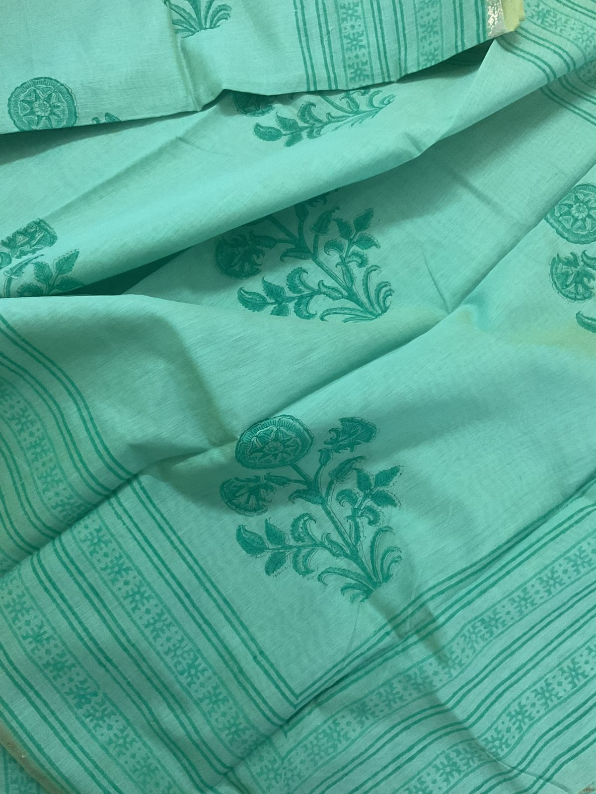 Pure Fine Banarasi Cotton Block Printed Banarasi Weaved Suit - Sea Green