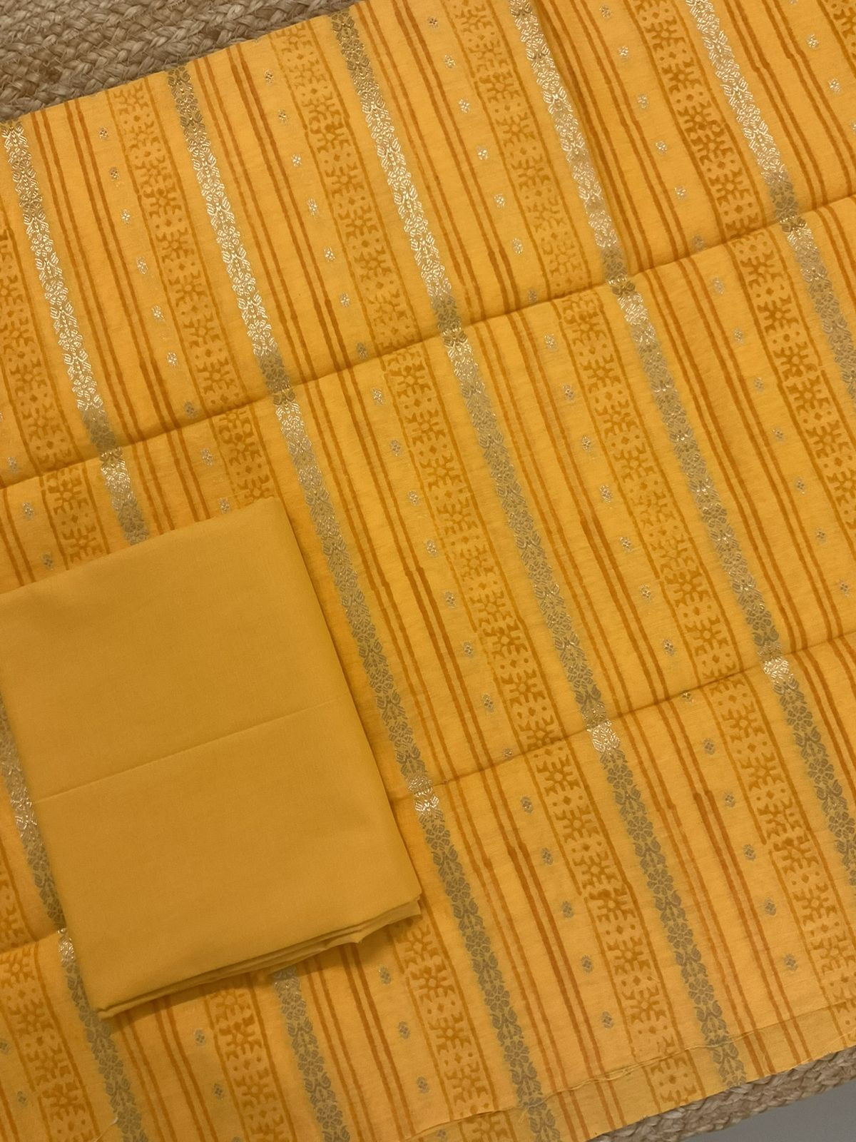 Pure Fine Banarasi Cotton Block Printed Banarasi Weaved Suit - Yellow