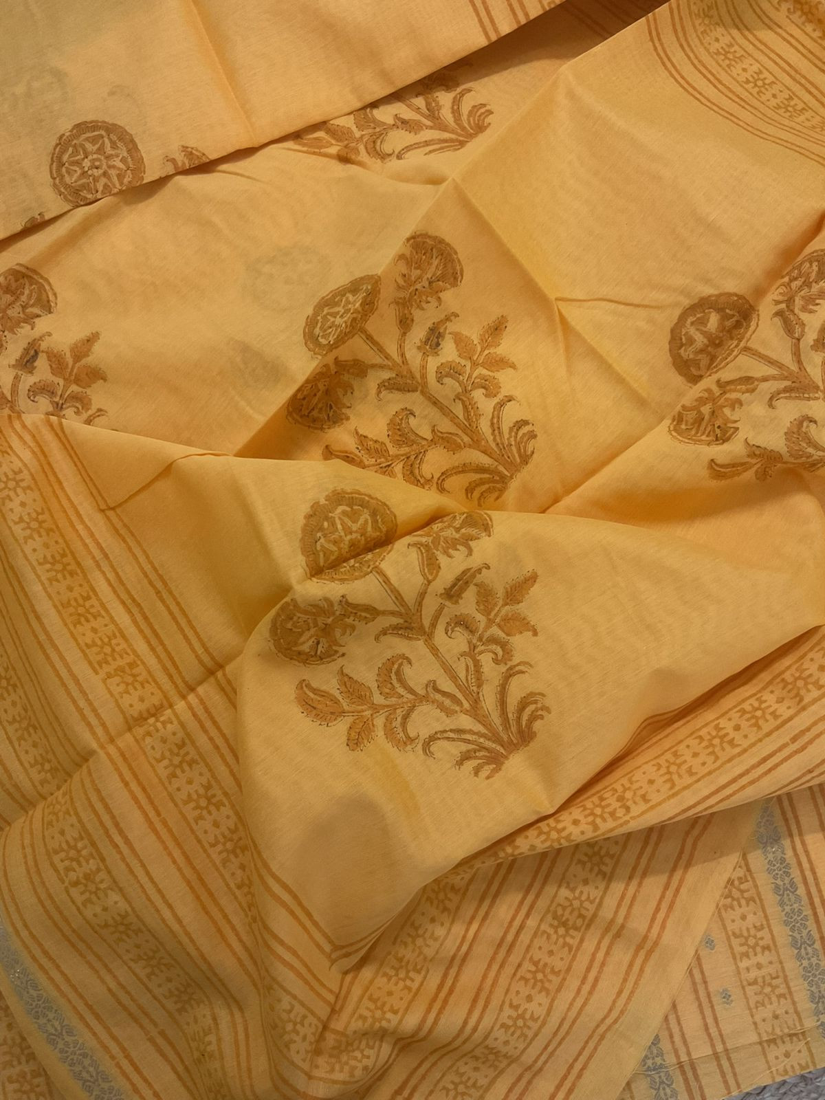 Pure Fine Banarasi Cotton Block Printed Banarasi Weaved Suit - Yellow