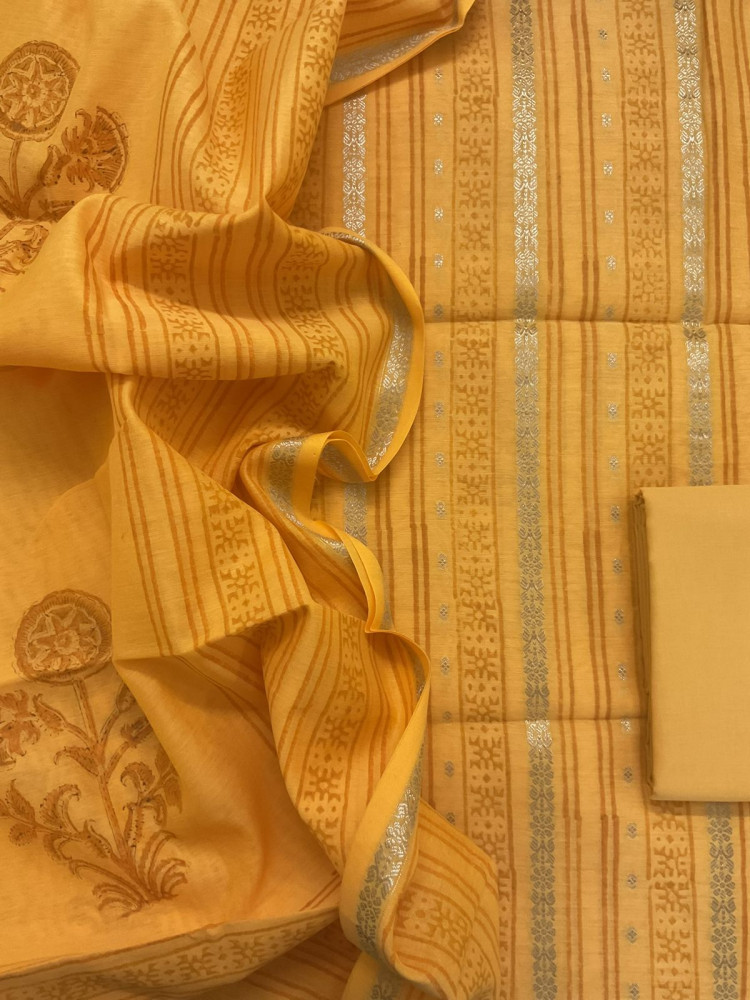 Image of Pure Fine Banarasi Cotton Block Printed Banarasi Weaved Suit - Yellow