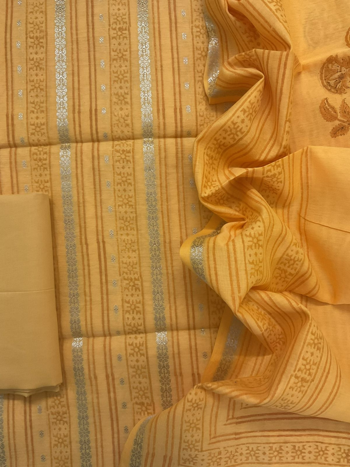 Pure Fine Banarasi Cotton Block Printed Banarasi Weaved Suit - Yellow