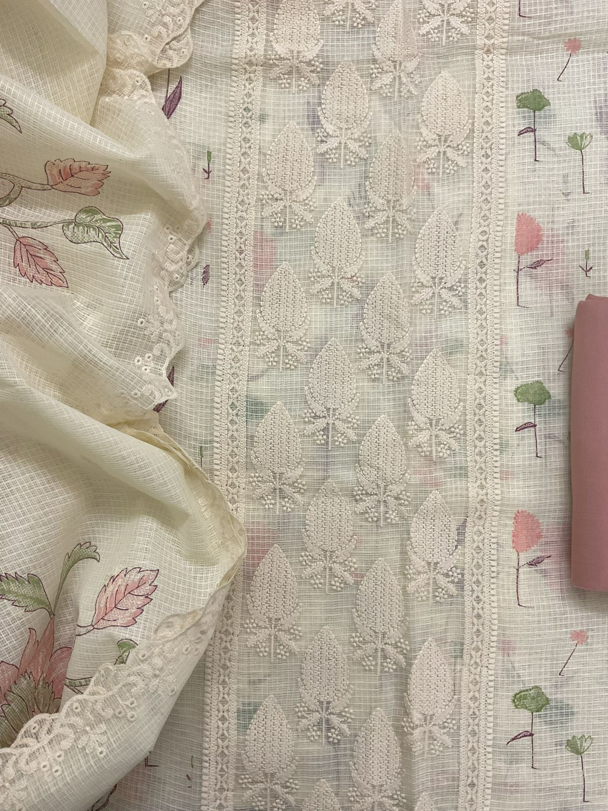 Pure Kota Cotton Printed Embroidered Suit - Cream