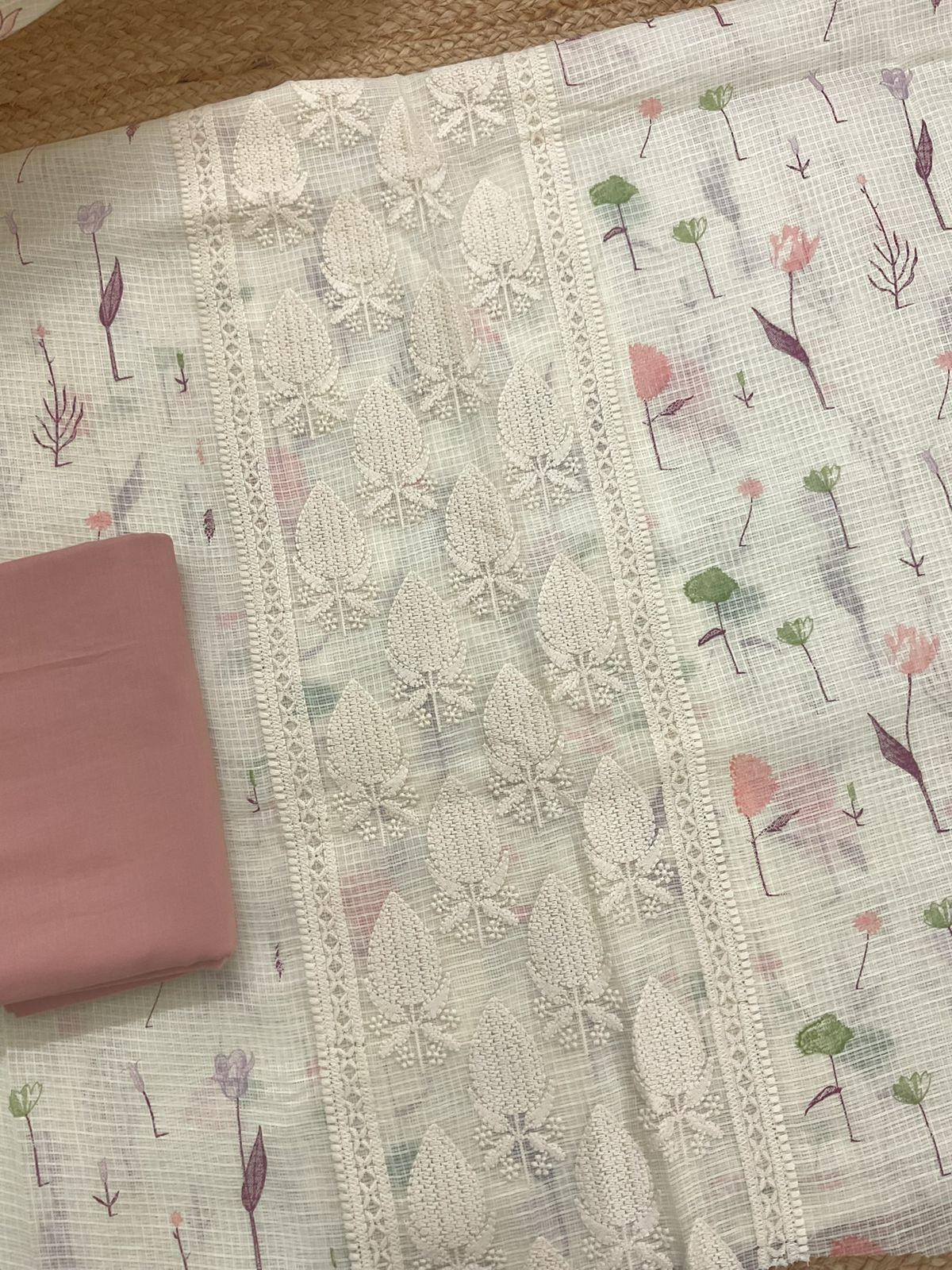 Pure Kota Cotton Printed Embroidered Suit - Cream