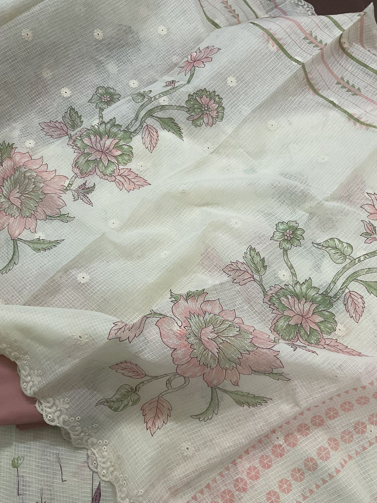 Pure Kota Cotton Printed Embroidered Suit - Cream