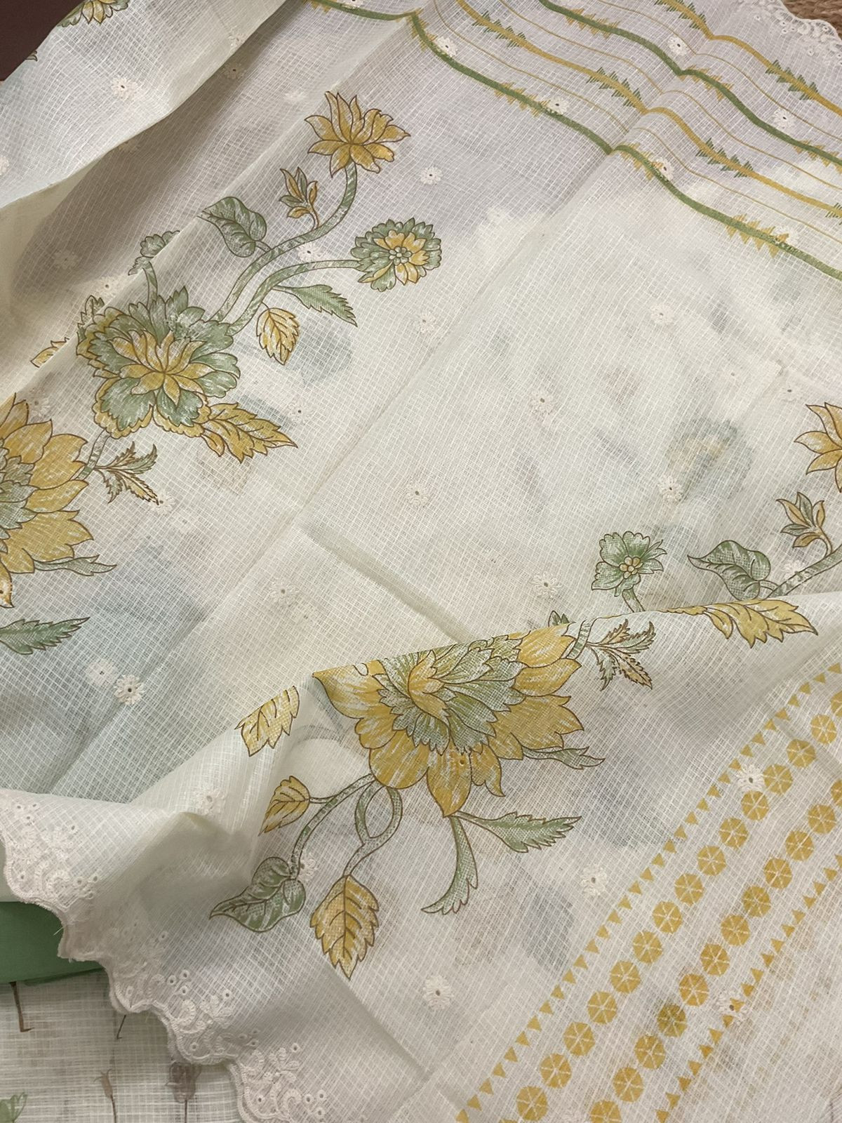 Pure Kota Cotton Printed Embroidered Suit - Cream