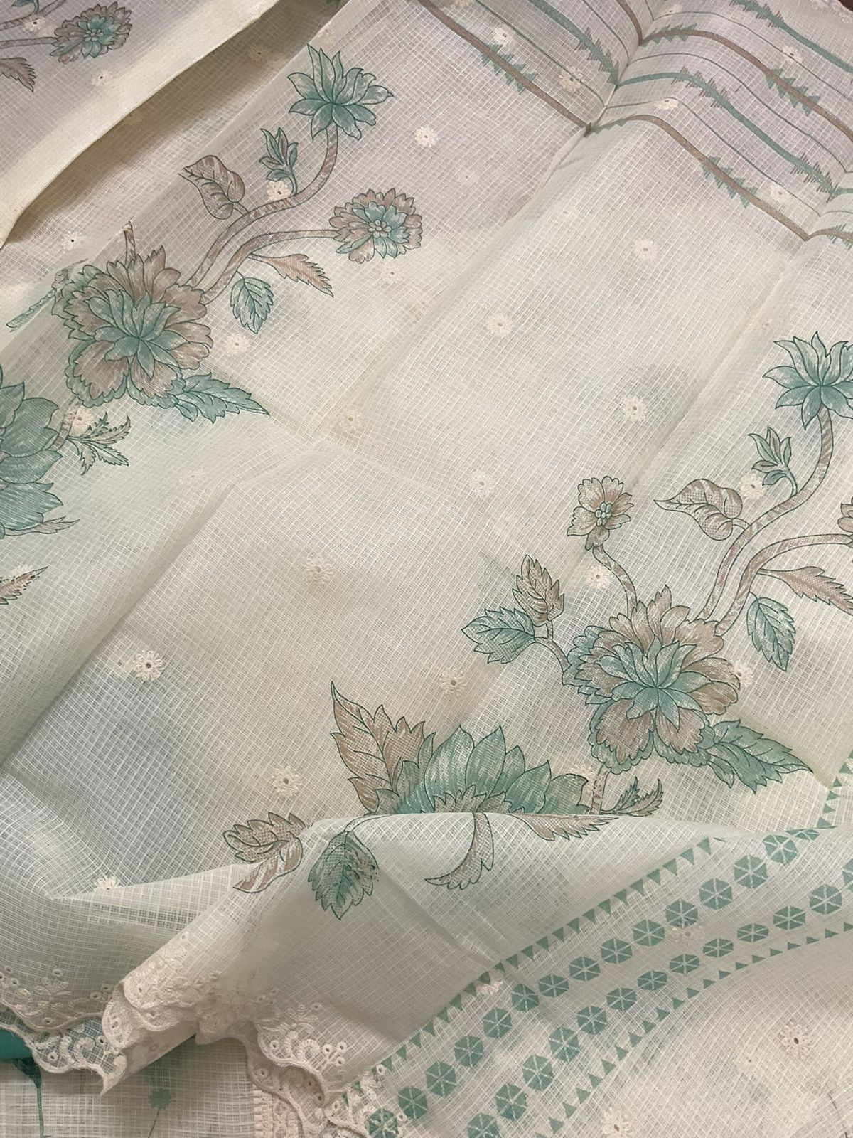 Pure Kota Cotton Printed Embroidered Suit - Cream