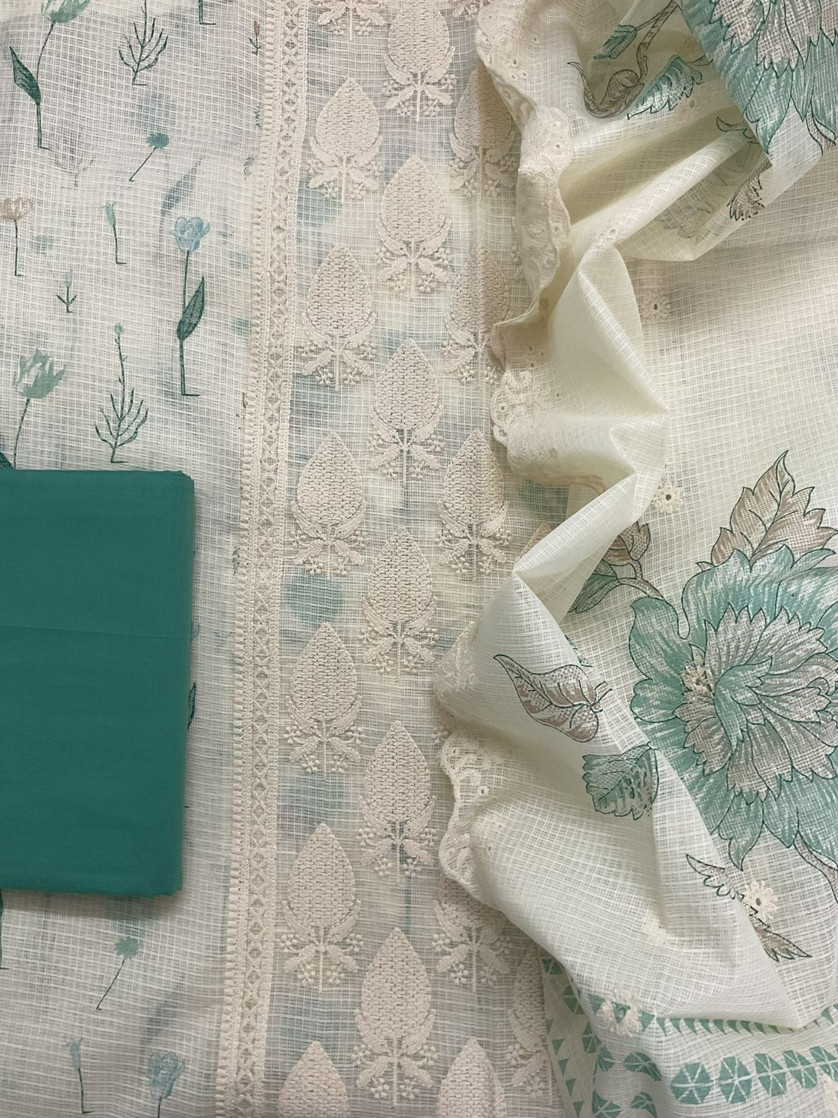 Pure Kota Cotton Printed Embroidered Suit - Cream