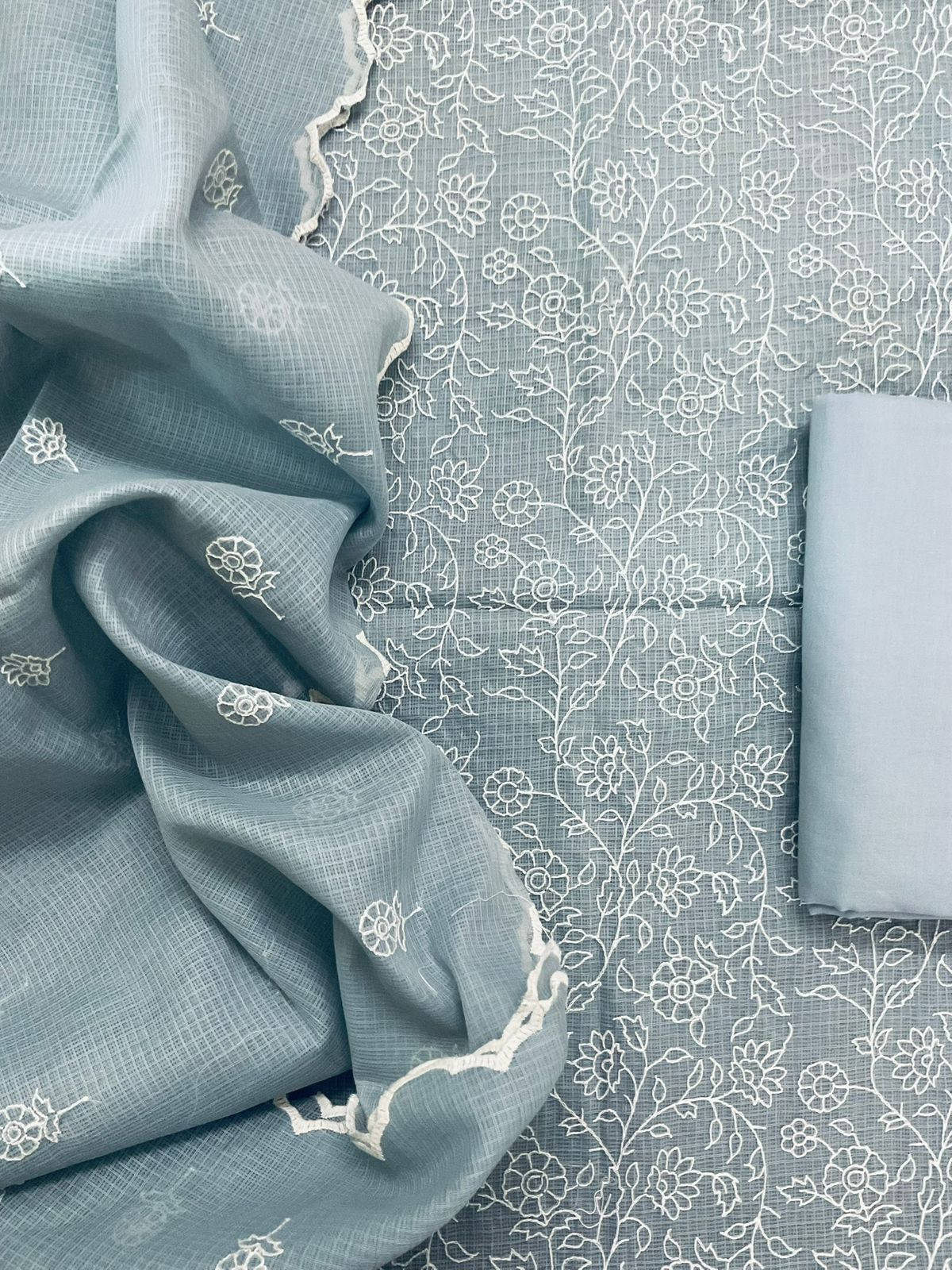 Soft Kota Silk Embroidered Suit - Grey