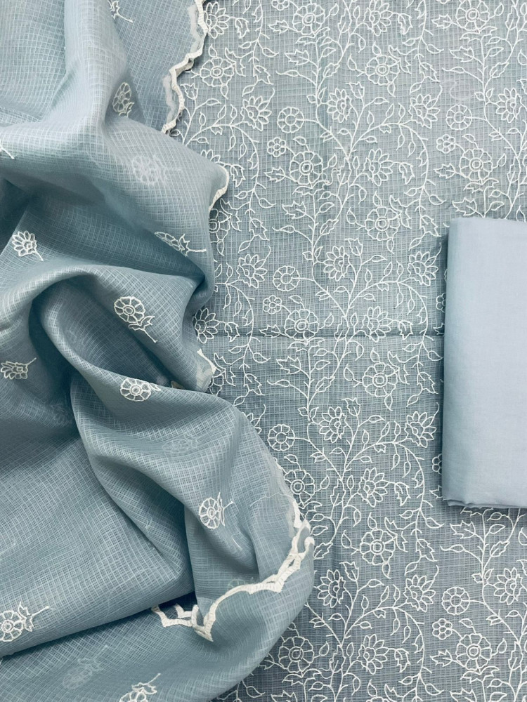 Image of Soft Kota Silk Embroidered Suit - Grey